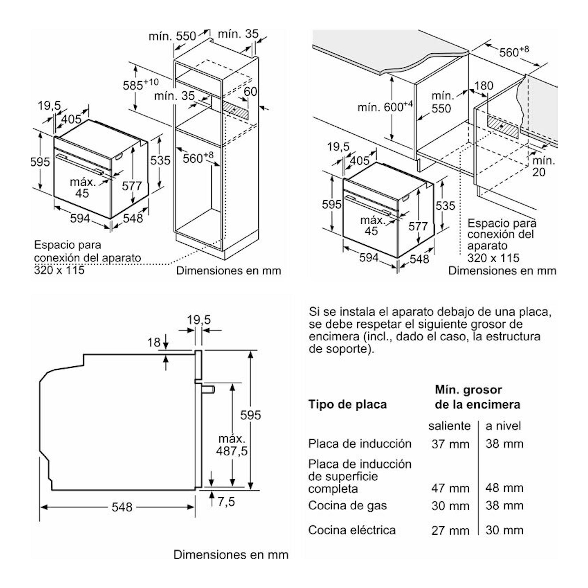 Bosch HBG7764B1 negro: esquema técnico de horno empotrable con vistas frontal y lateral y medidas en mm.