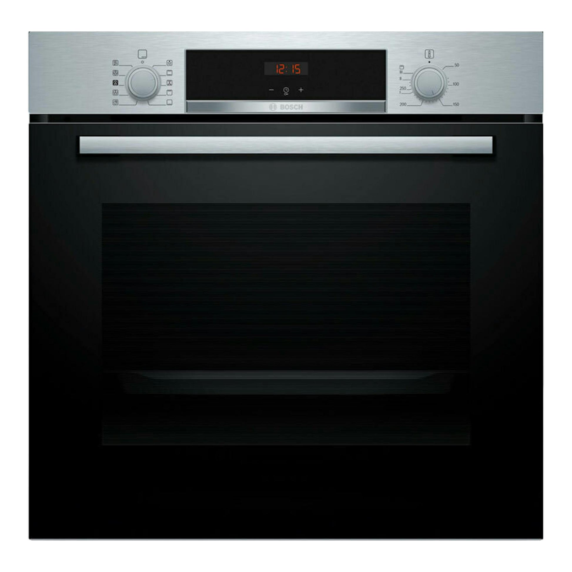 Horno Bosch HQA514ES3 inox, vista frontal, puerta negra y panel superior plateado con mando y display digital.