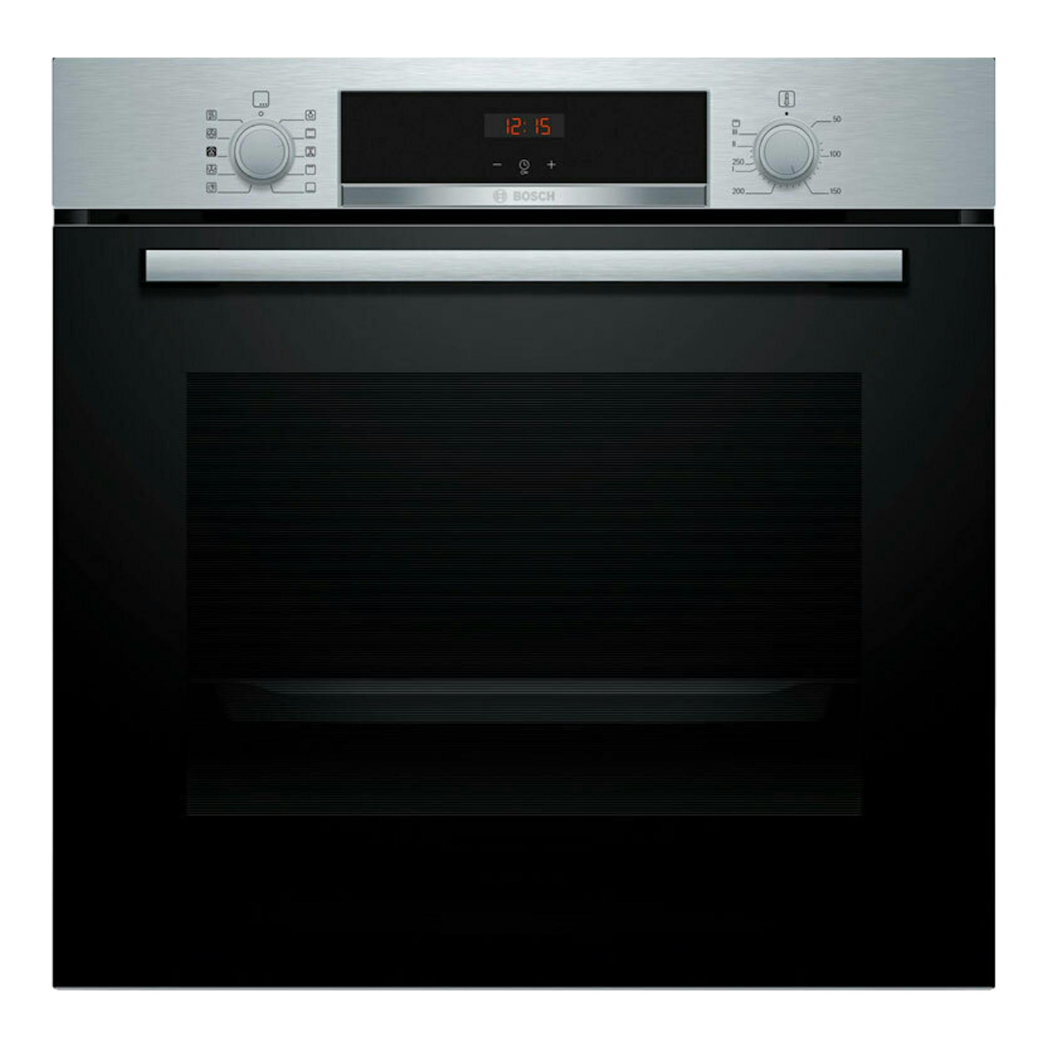 Horno Bosch HQA514ES3 inox, vista frontal, puerta negra y panel superior plateado con mando y display digital.