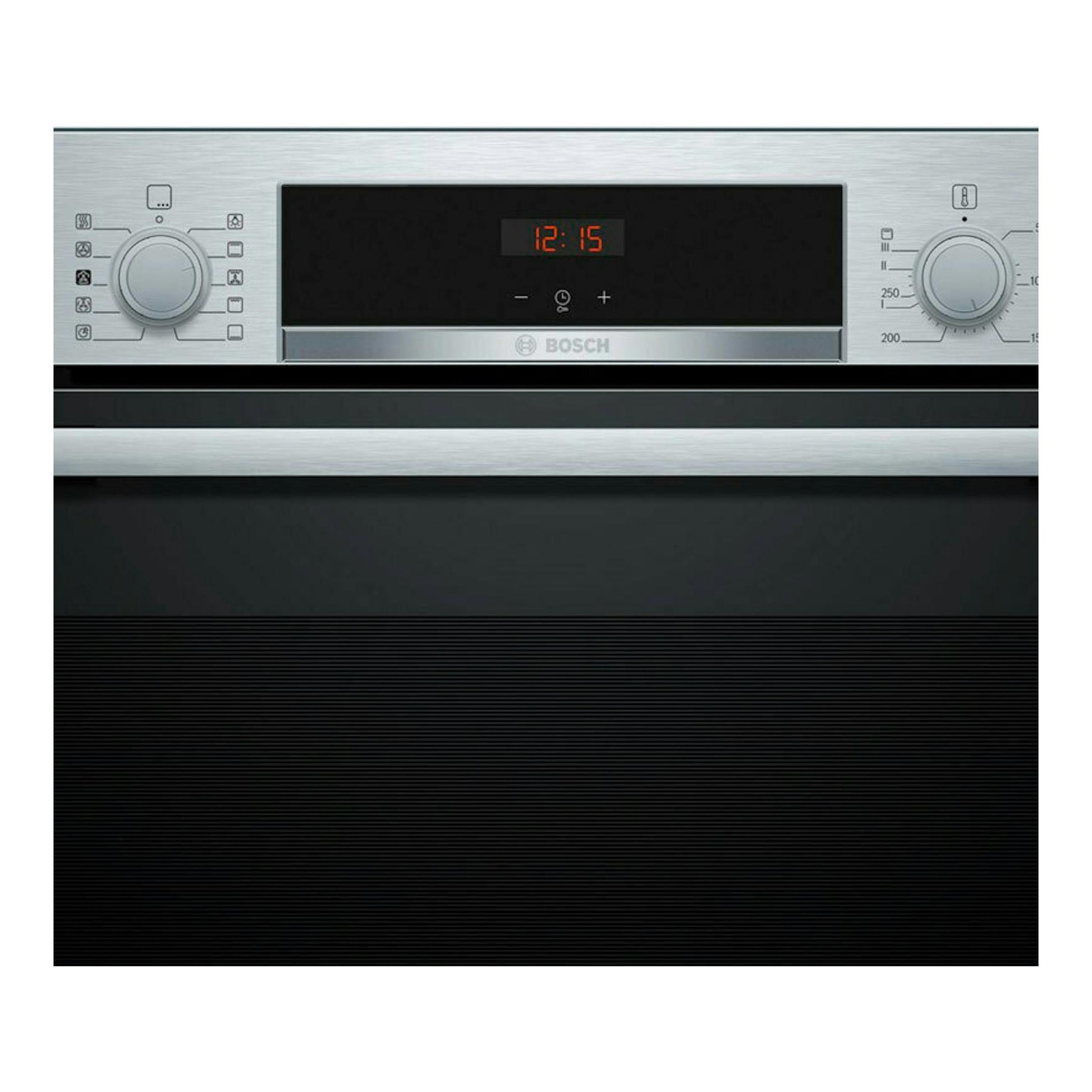 Horno Bosch HQA514ES3 inox, vista frontal, con panel digital y dos mandos giratorios.