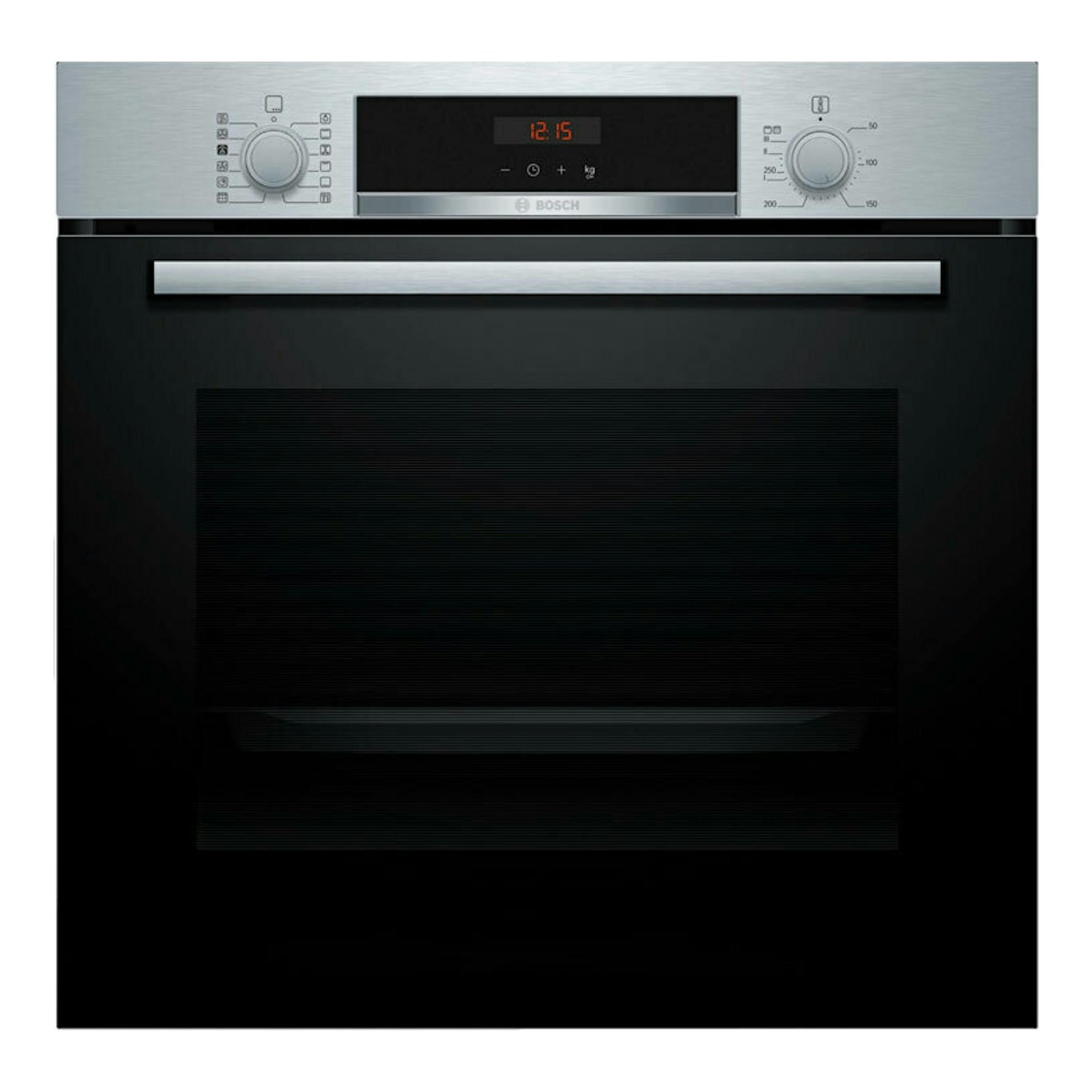 Horno Bosch HQA574ES3 inox, vista frontal, puerta negra y panel superior plateado con mandos y display digital.