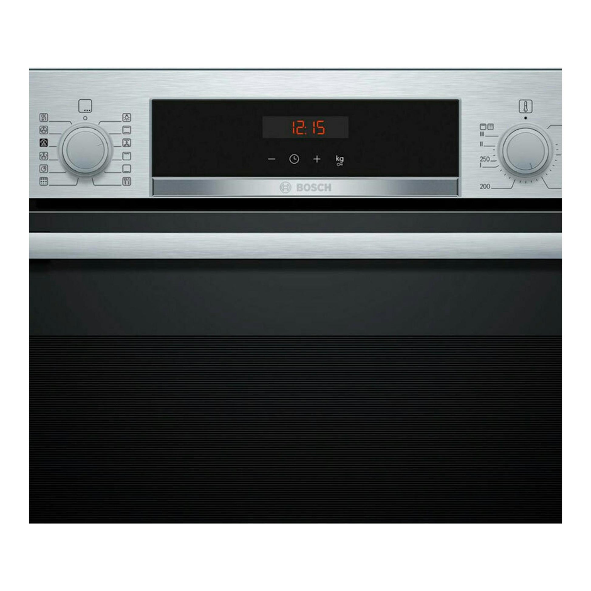 Horno Bosch HQA574ES3 inox, vista frontal con panel digital, dos mandos y puerta negra.
