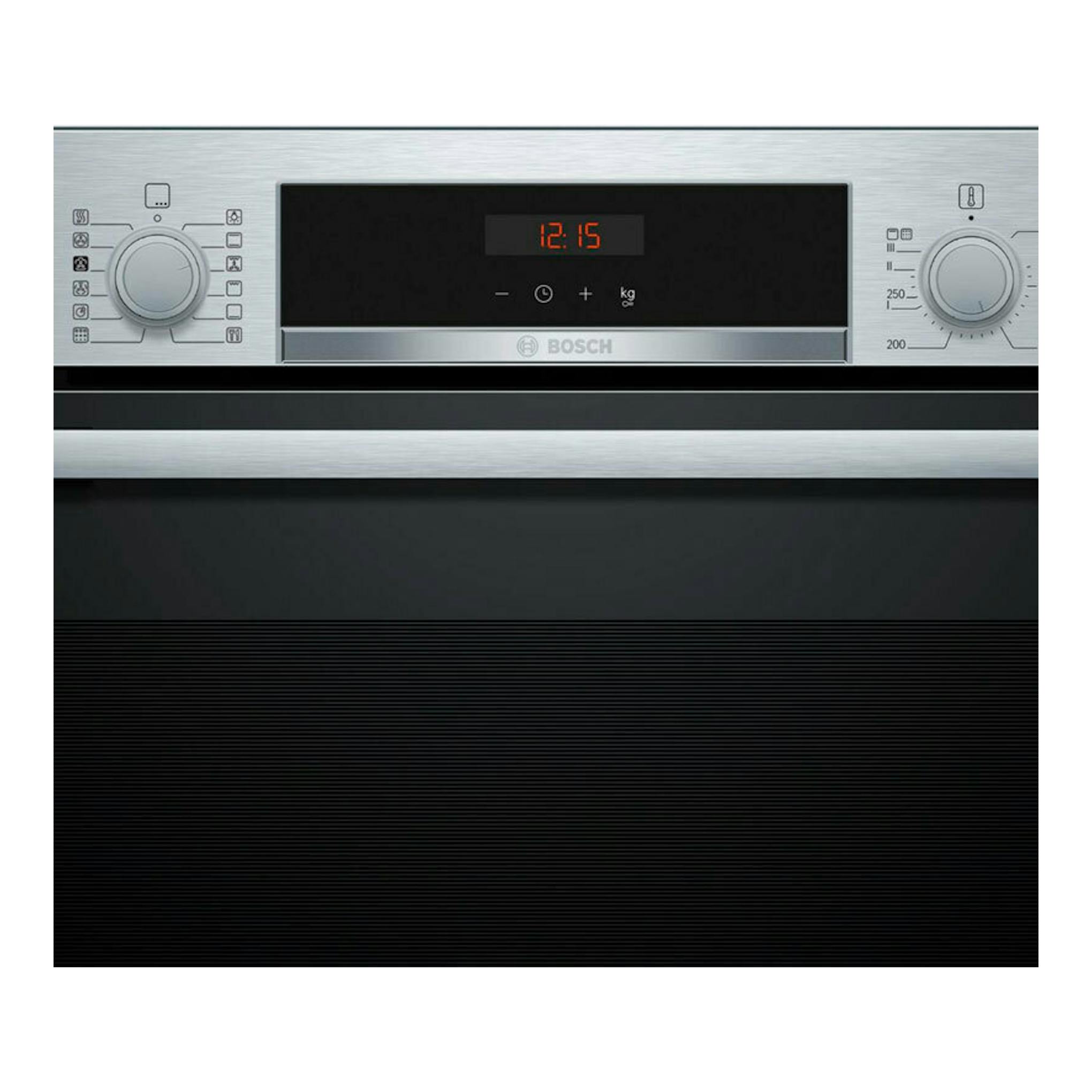 Horno Bosch HQA574ES3 inox, vista frontal con panel digital, dos mandos y puerta negra.