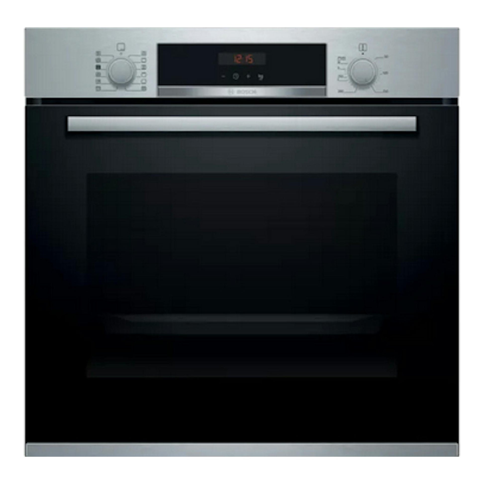 Horno Bosch HRA574BS0, vista frontal, negro con panel superior inoxidable y puerta de cristal.