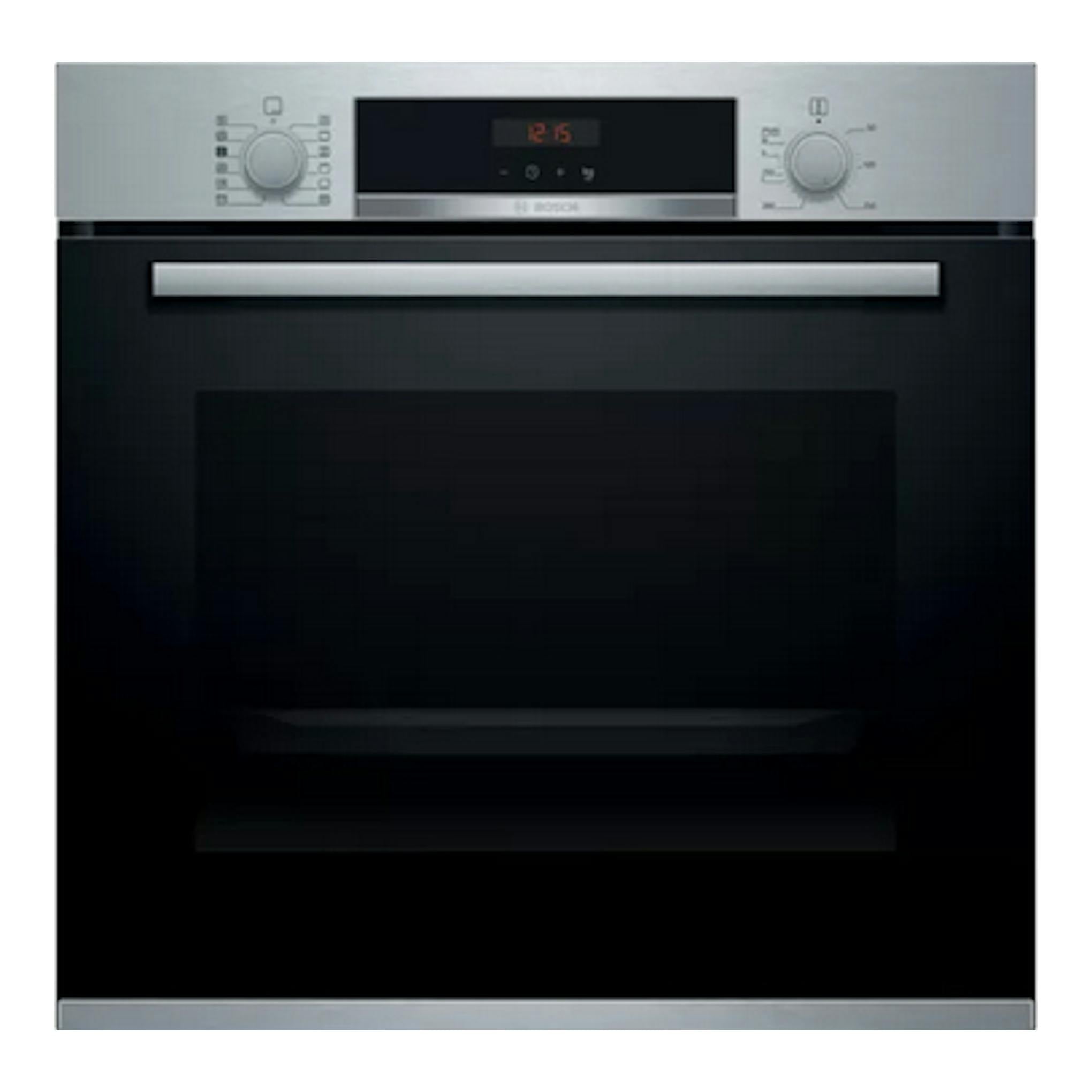 Horno Bosch HRA574BS0, vista frontal, negro con panel superior inoxidable y puerta de cristal.