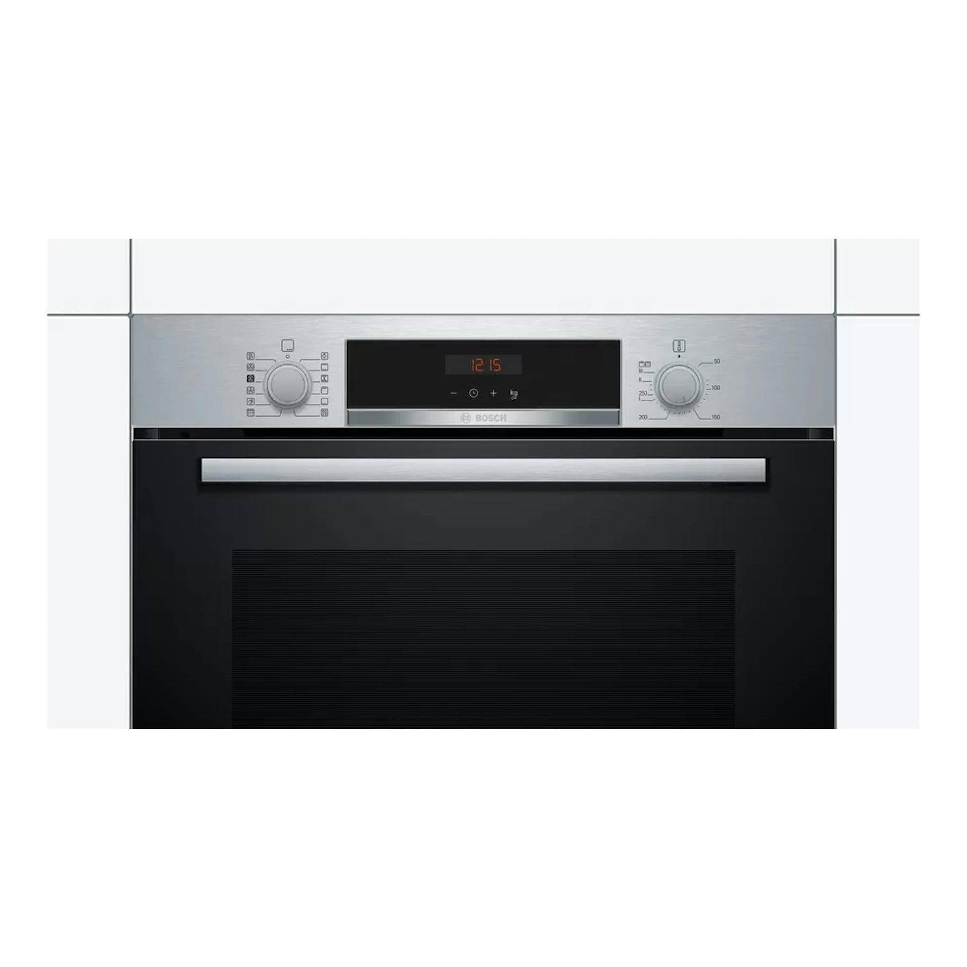 Horno Bosch empotrable, vista frontal, puerta negra y panel superior plateado con dos mandos giratorios.