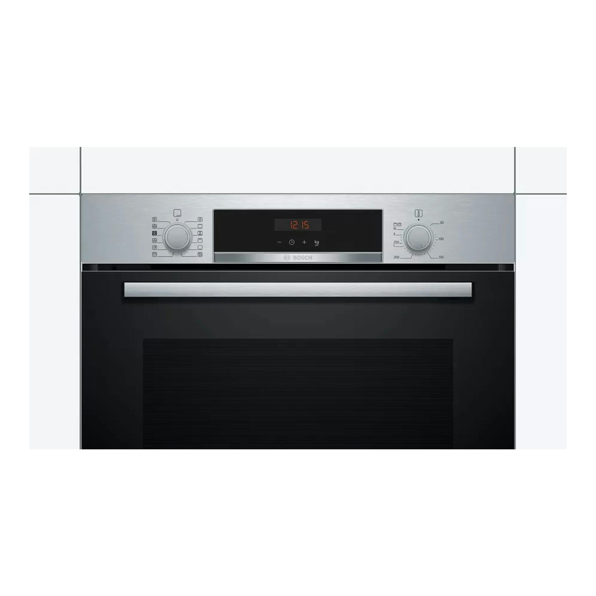 Horno Bosch empotrable, vista frontal, puerta negra y panel superior plateado con dos mandos giratorios.