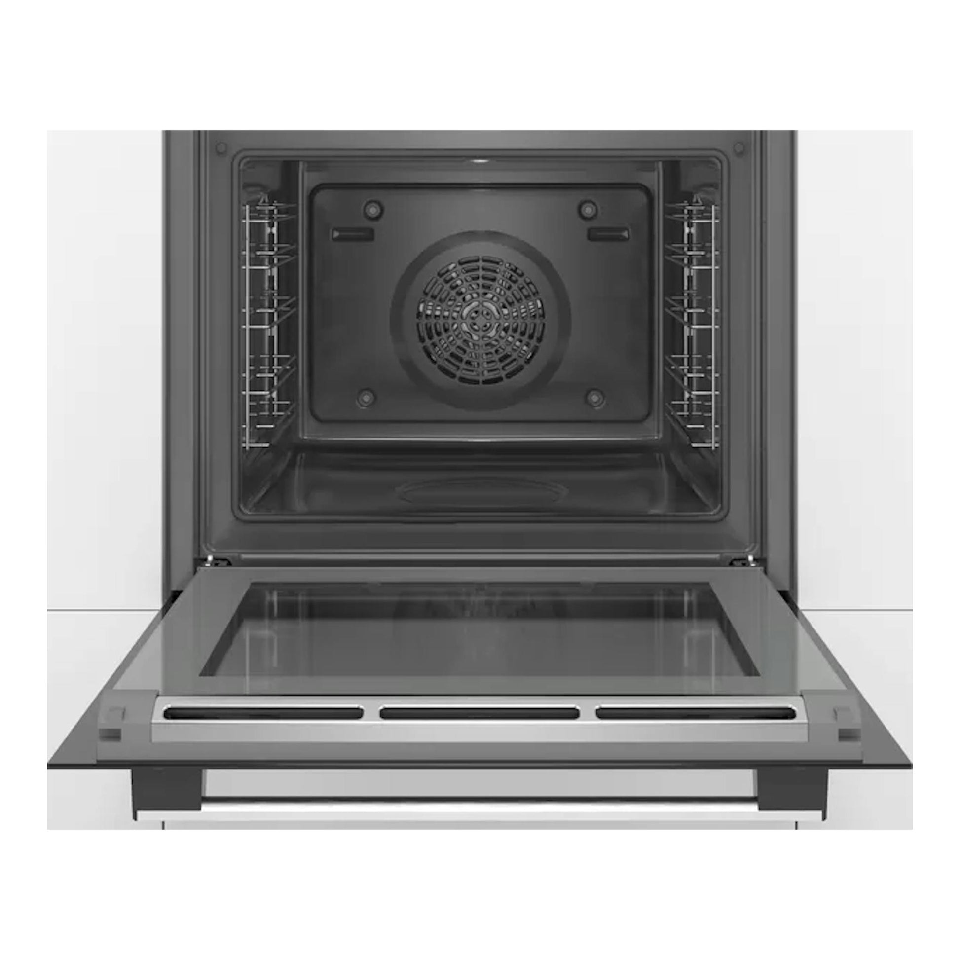 Horno Bosch HRA574BS0 abierto, vista frontal del interior en negro y puerta abatible de cristal.