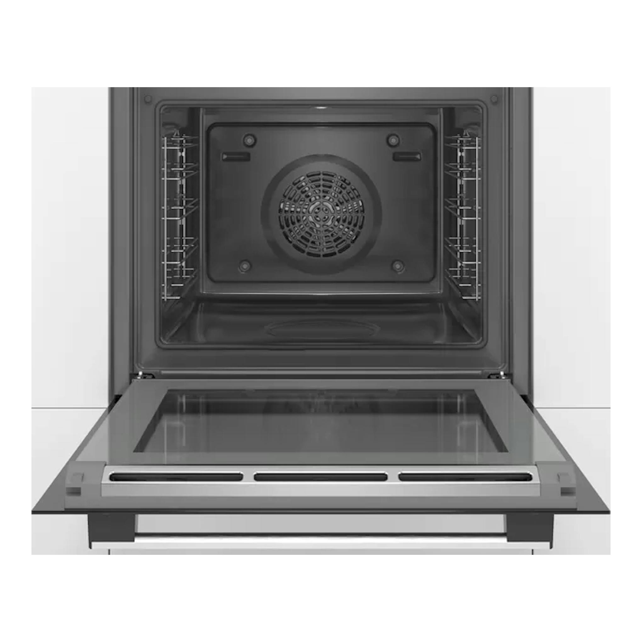Horno Bosch HRA574BS0 abierto, vista frontal del interior en negro y puerta abatible de cristal.
