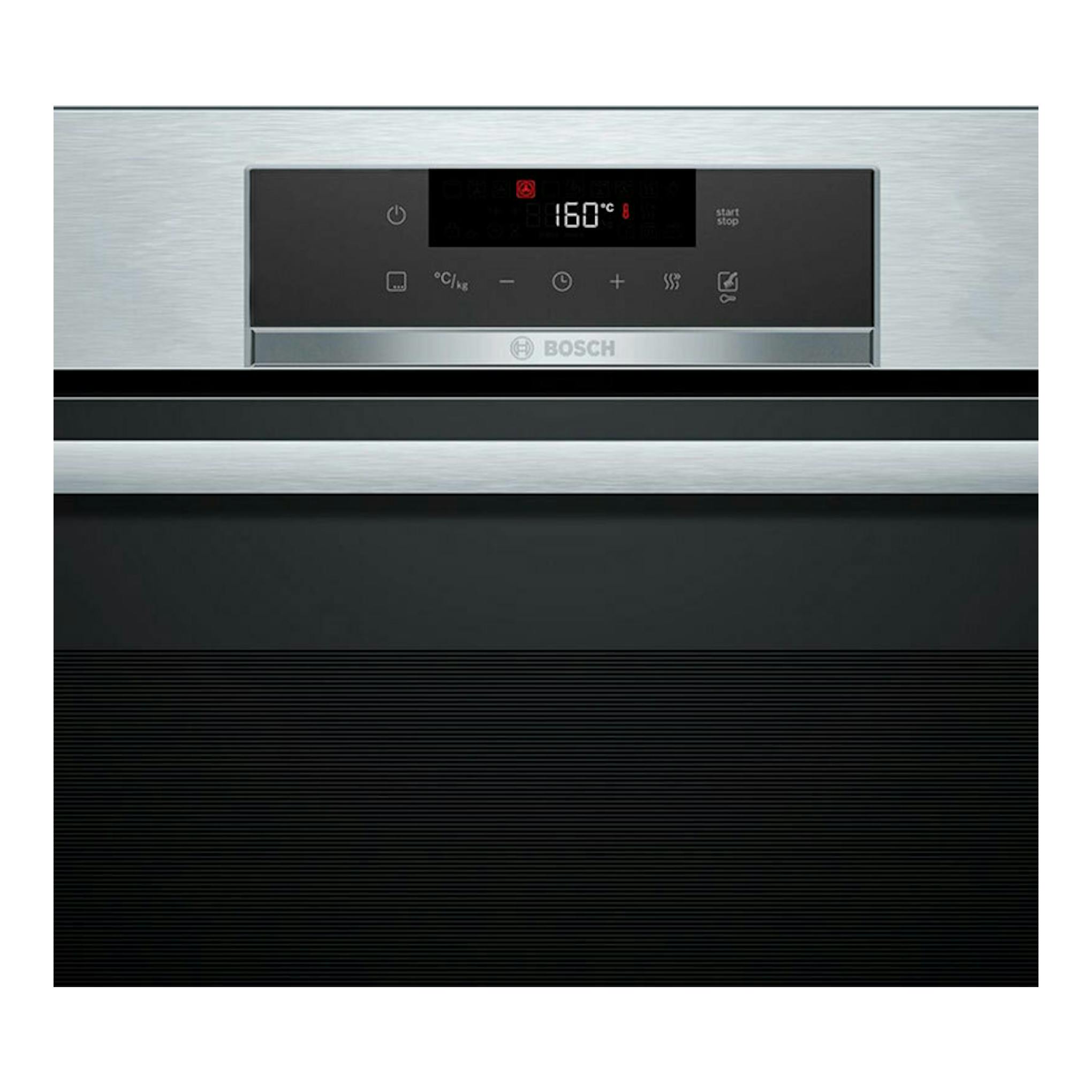 Bosch HRG532ES3, horno de acero inoxidable, vista frontal, con panel digital negro y display.