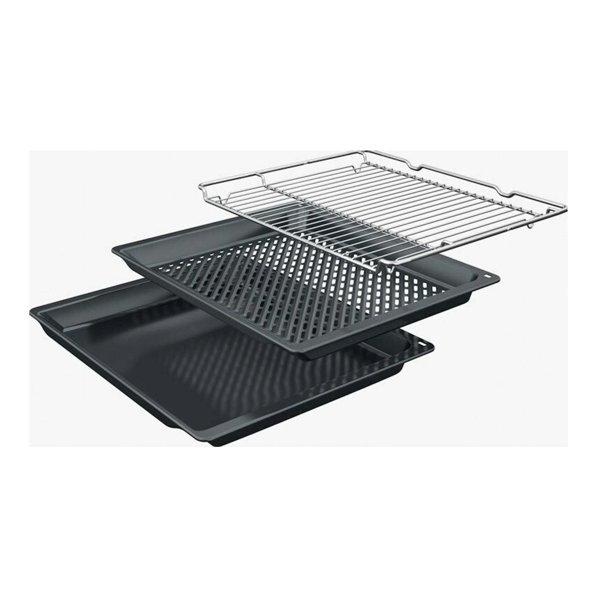 Bosch HRG532ES3 Inox: dos bandejas negras y una rejilla metálica, vista en ángulo sobre fondo blanco.
