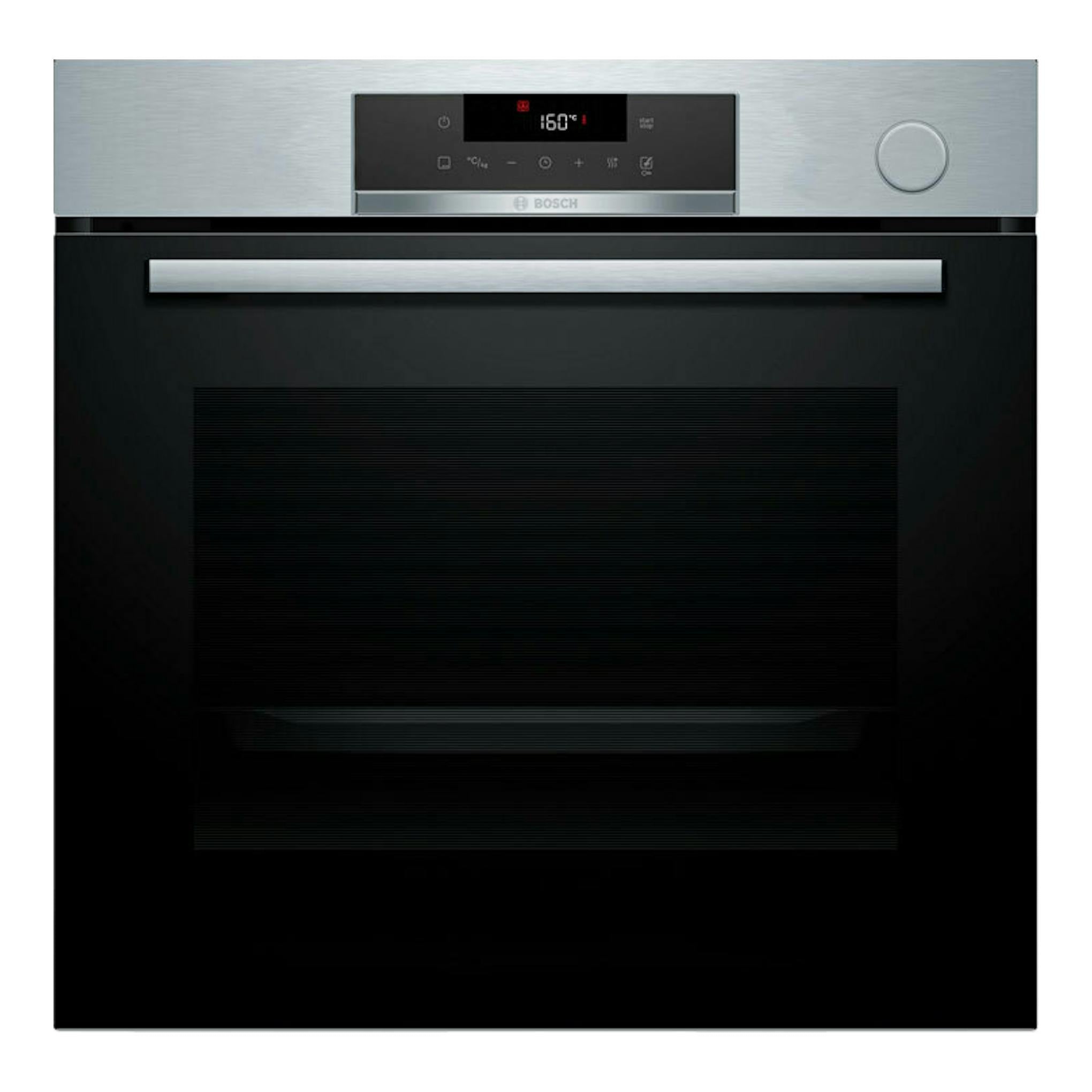 Horno Bosch HRG572ES3 inox, vista frontal, puerta negra con panel superior y mando circular.