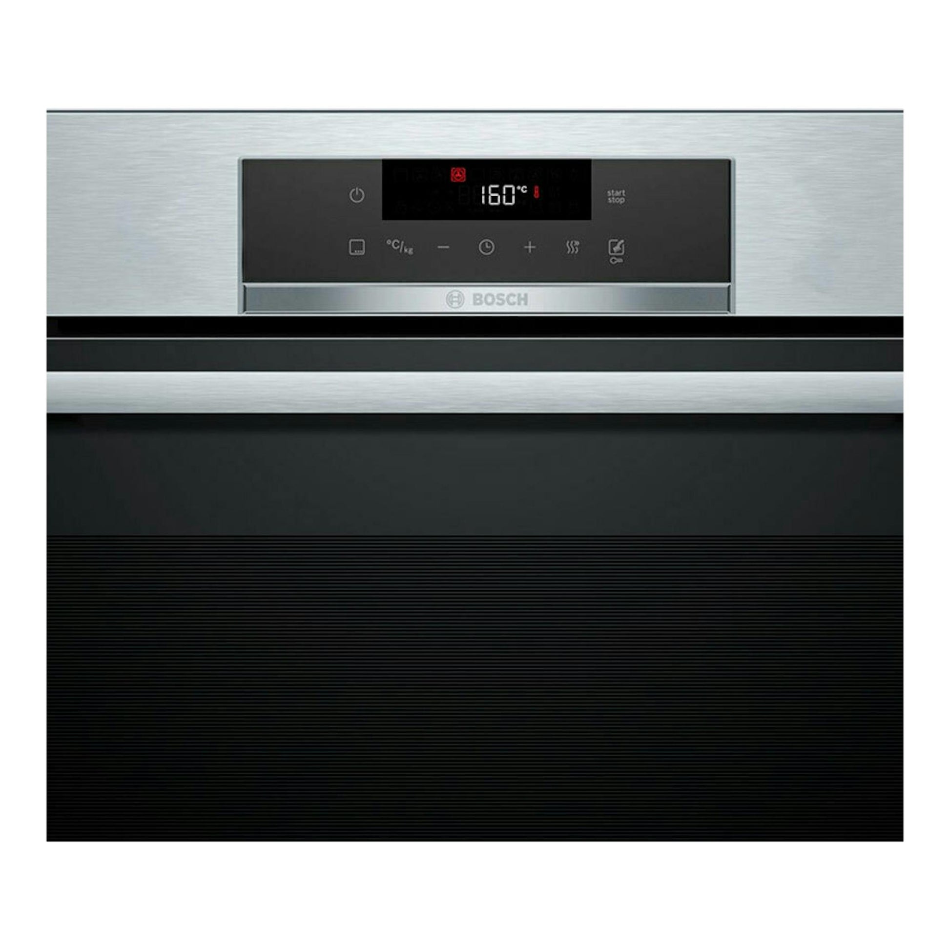 Horno Bosch HRG572ES3 inox, vista frontal, panel negro con display digital y puerta negra.
