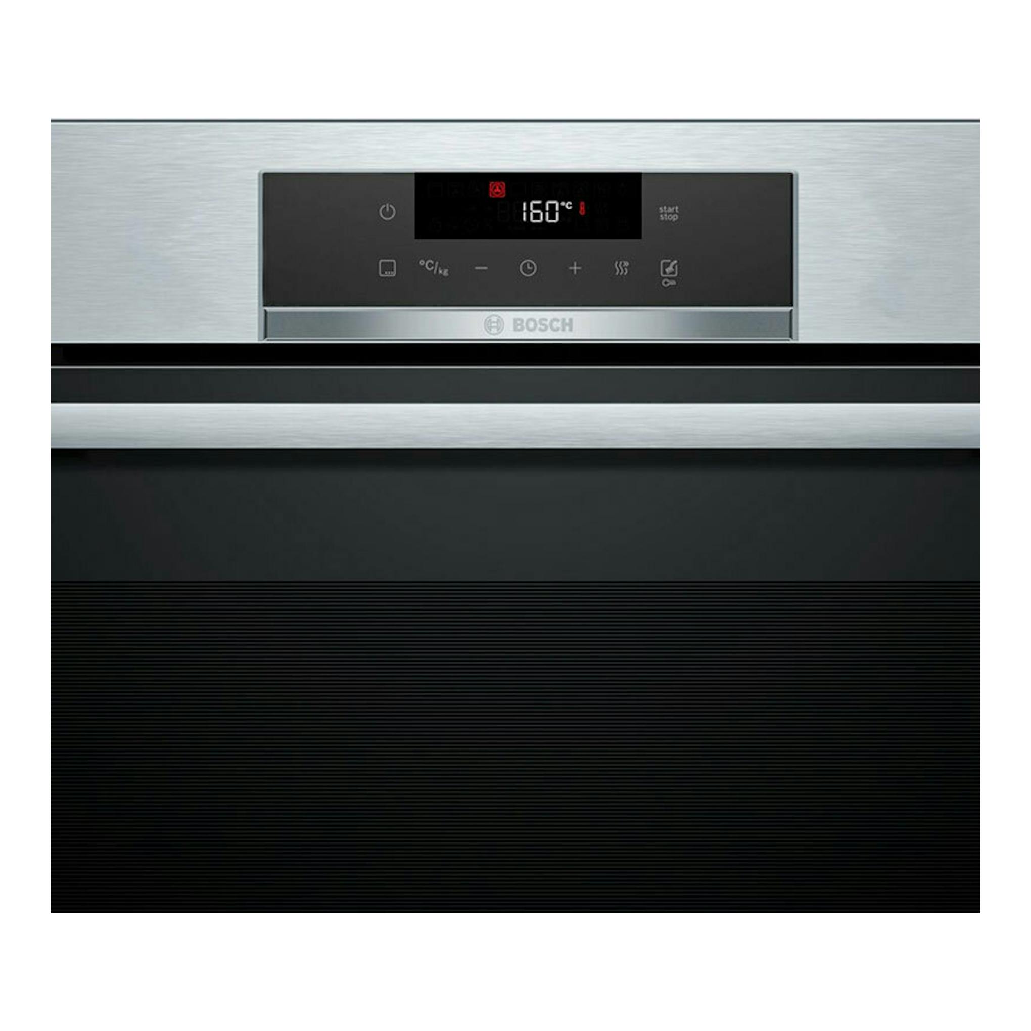 Horno Bosch HRG572ES3 inox, vista frontal, panel negro con display digital y puerta negra.