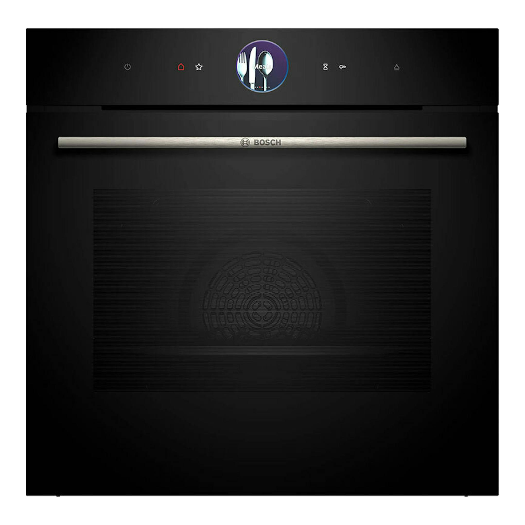 Horno Bosch HRG7761B1 negro, vista frontal, con puerta de vidrio y panel de control táctil superior.