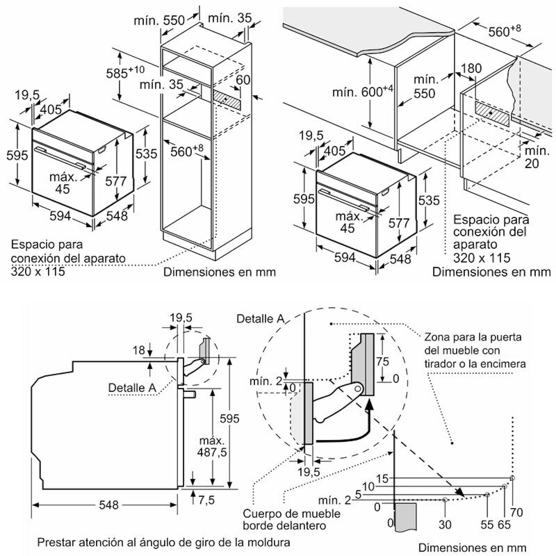 Diagrama de medidas de instalación del horno Bosch HSG7361B1 Negro