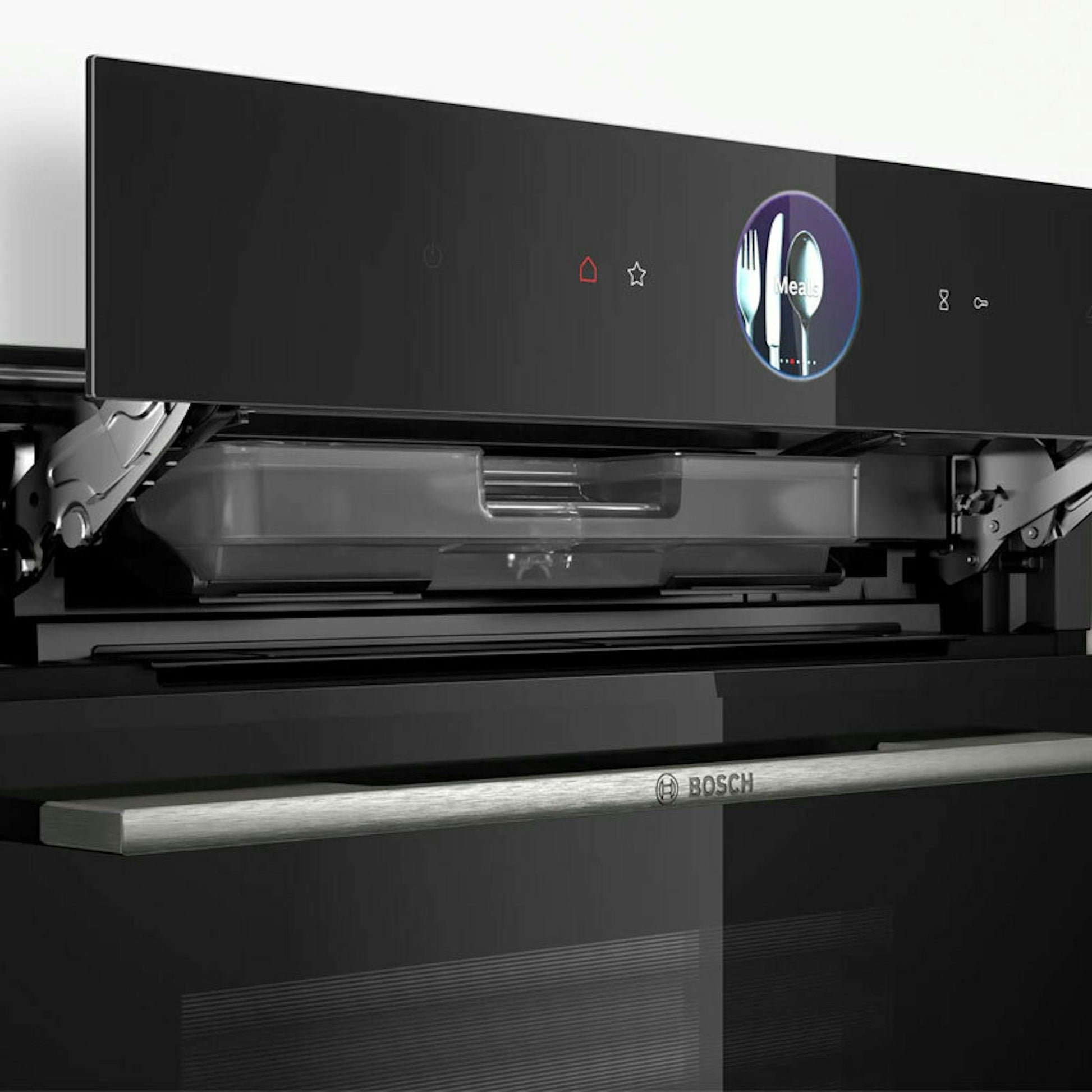 Horno Bosch HSG7361B1 negro con la puerta abierta y panel frontal táctil