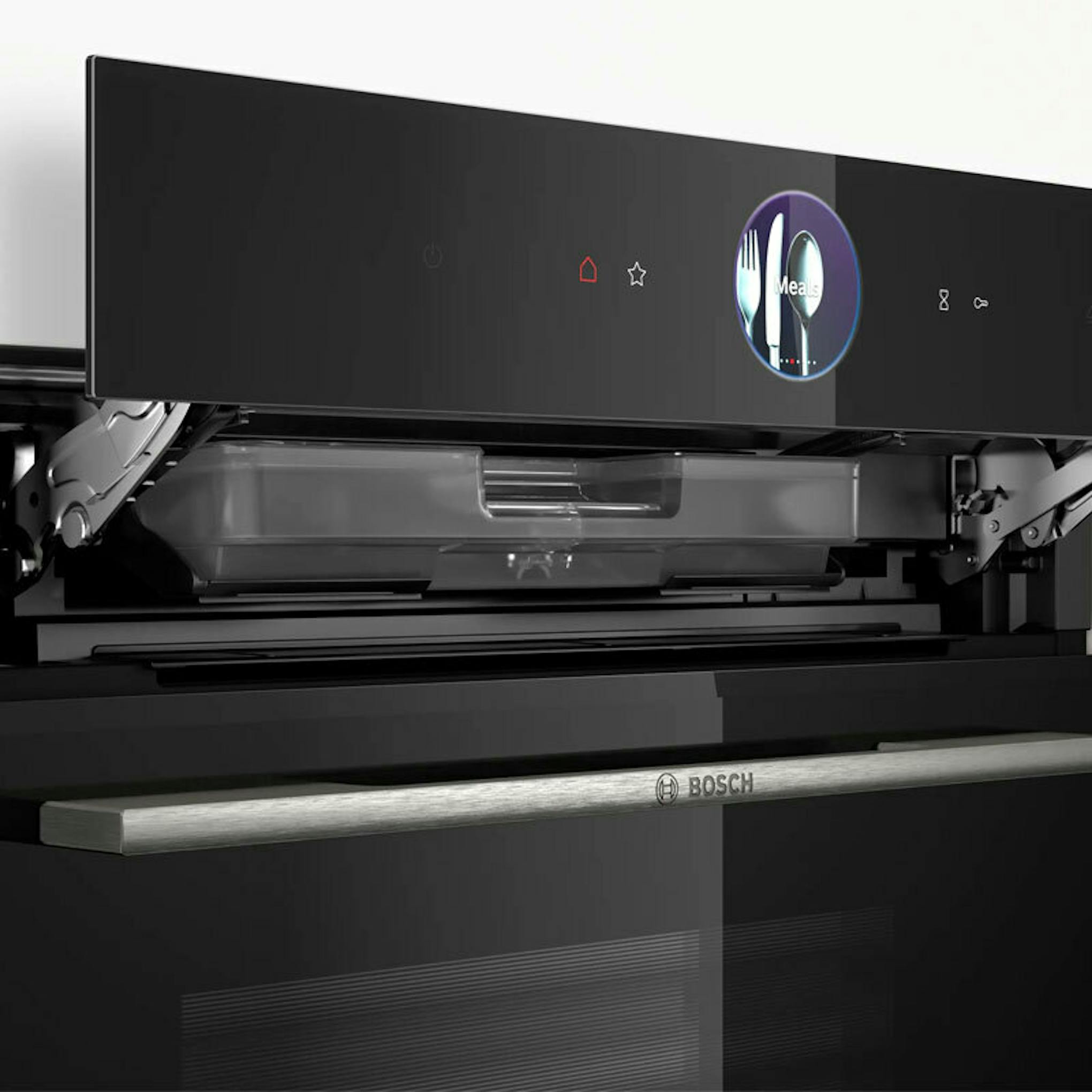 Horno Bosch HSG7361B1 negro con la puerta abierta y panel frontal táctil