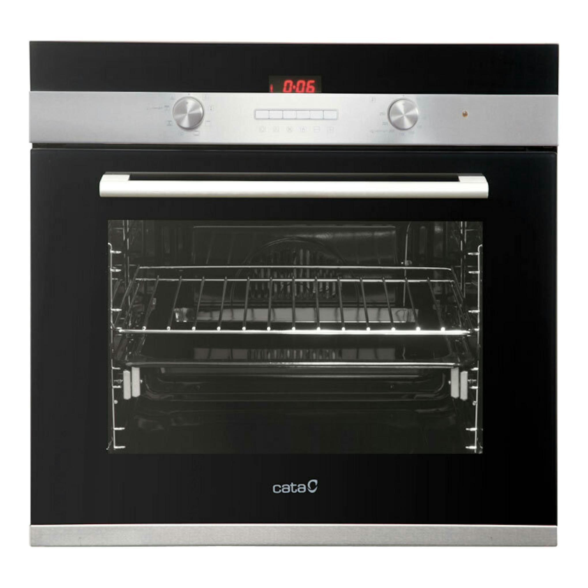 Horno Cata CDP780ASBK de cristal negro, vista frontal, con panel inox, display rojo y puerta acristalada.