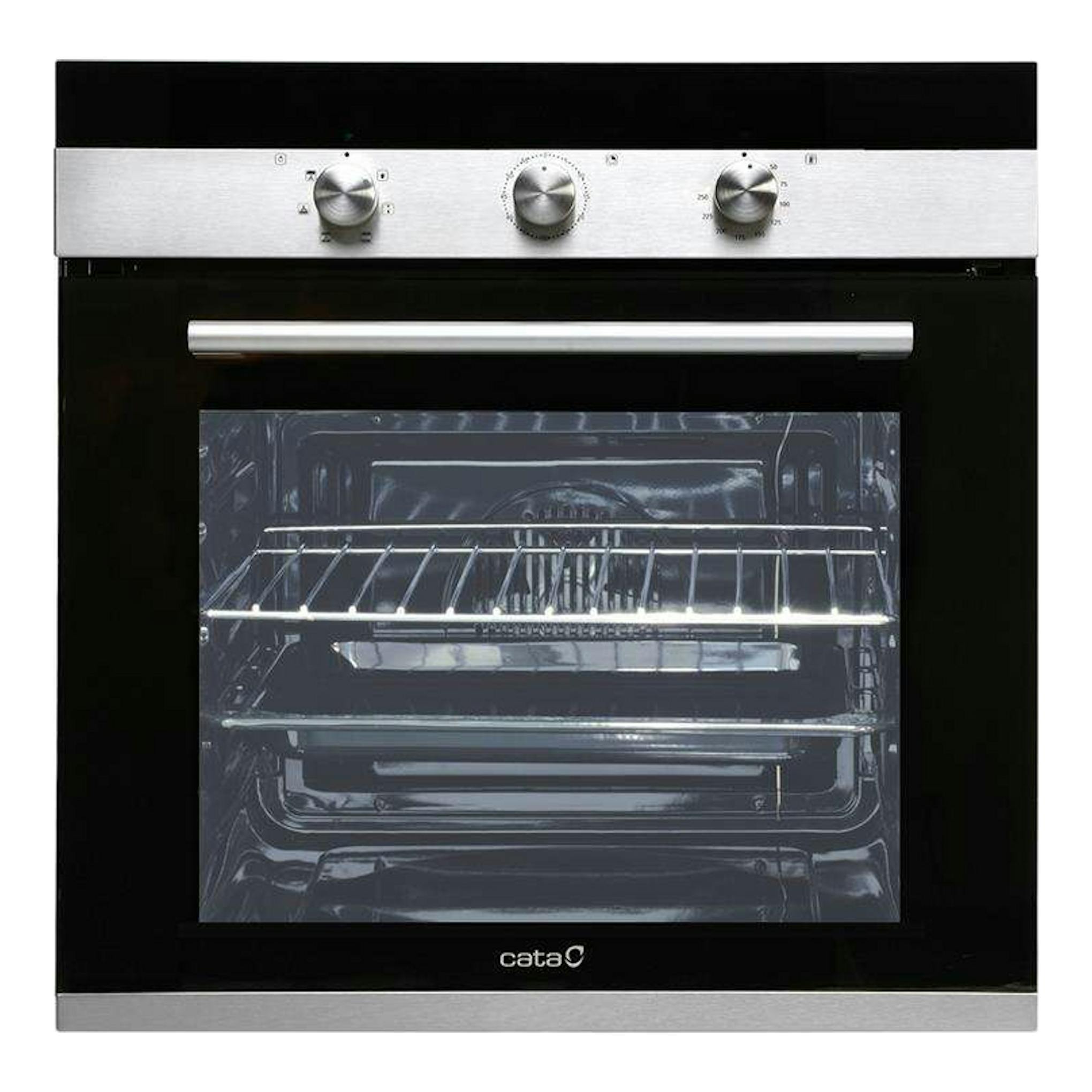 Horno Cata CM 760 AS BK negro, vista frontal, con panel de acero inoxidable y tres mandos.