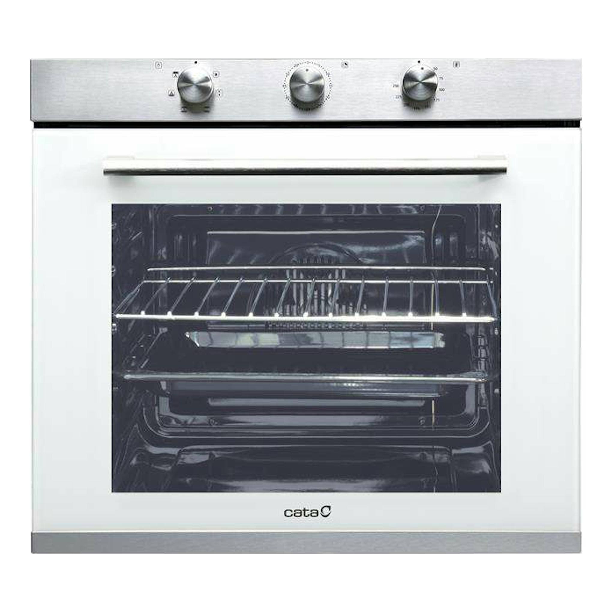 Horno Cata CM 760 AS WH blanco, vista frontal, con tres mandos inox y puerta de cristal.