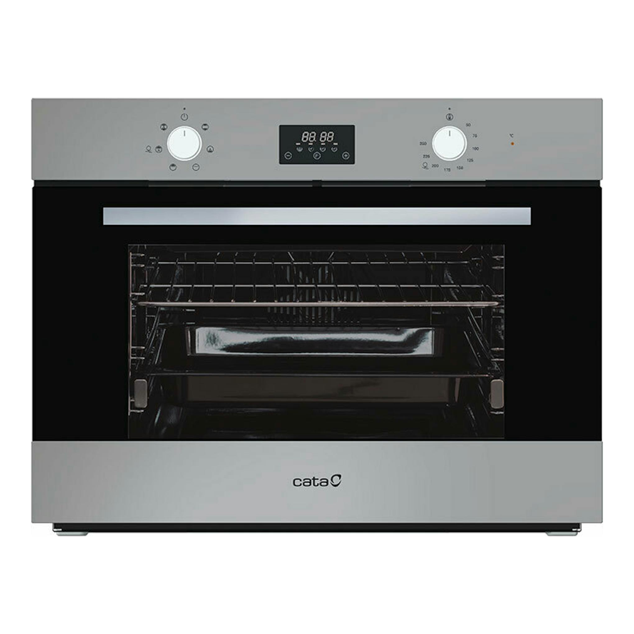 Horno Cata CMD5007X inox, vista frontal, con puerta de cristal negro, panel digital y dos mandos plateados.