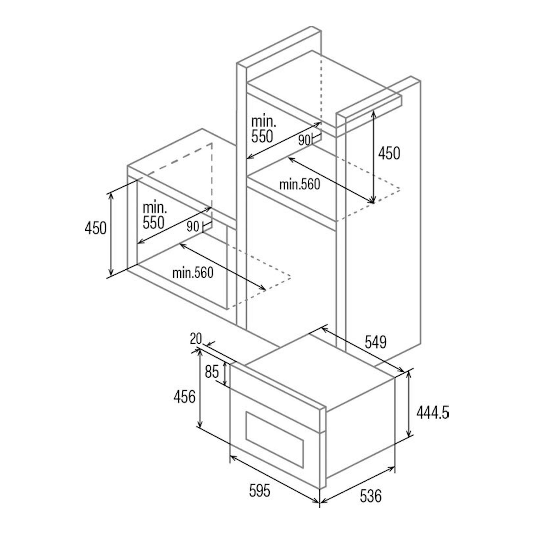 Diagrama técnico en blanco y negro del horno Cata CMD5007X Inox, vista isométrica con medidas de instalación.