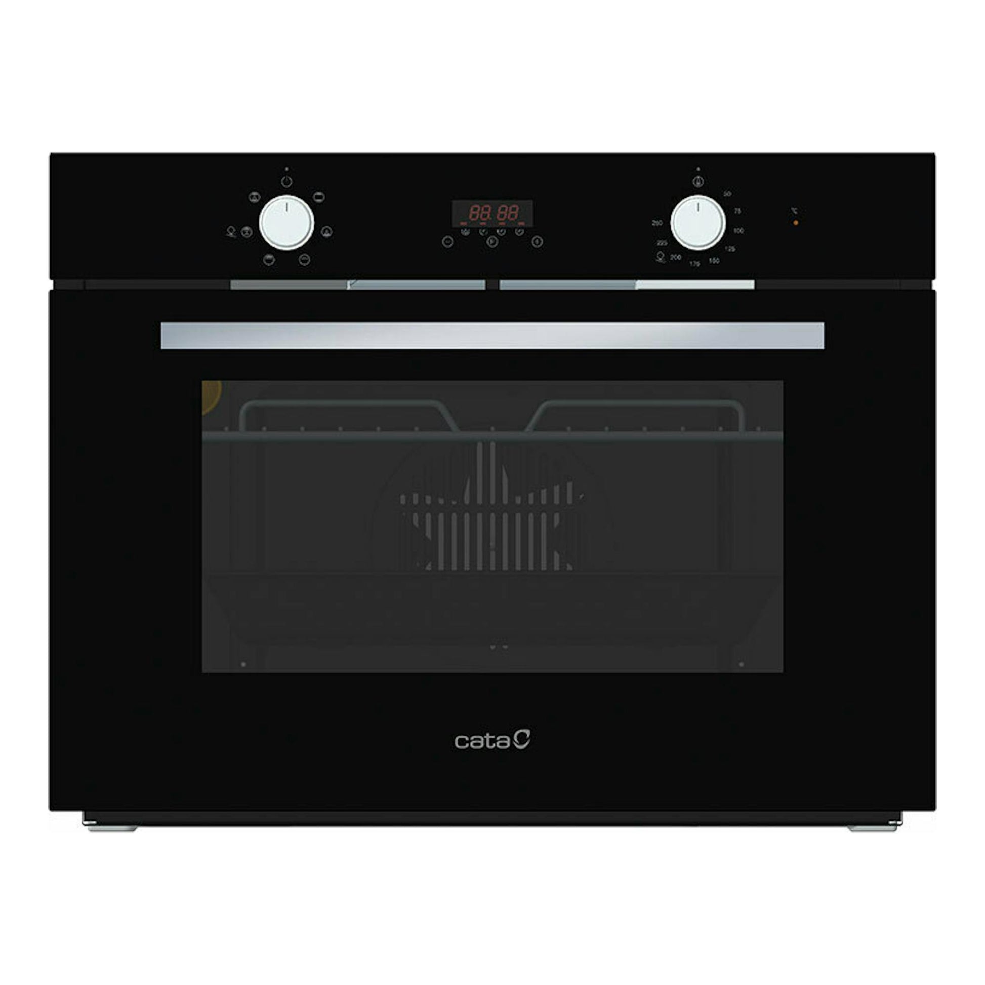 Horno empotrable Cata MD5007BK de cristal negro, vista frontal, con dos mandos y display digital.
