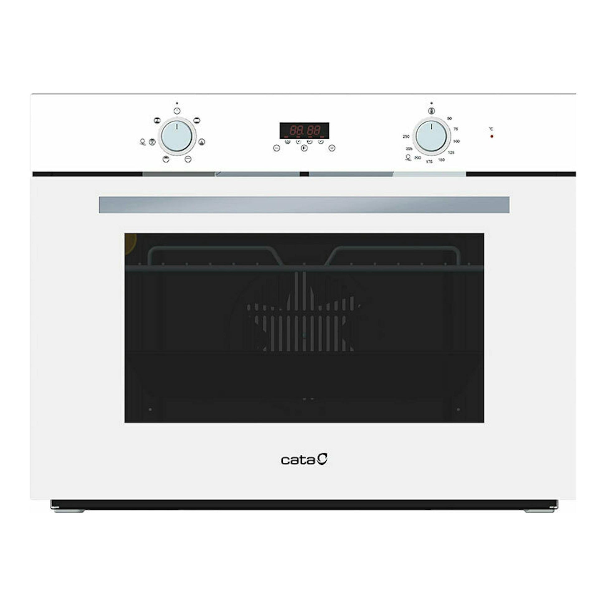 Horno Cata MD5007WH de cristal blanco, vista frontal, con puerta negra de vidrio, mandos y display digital.