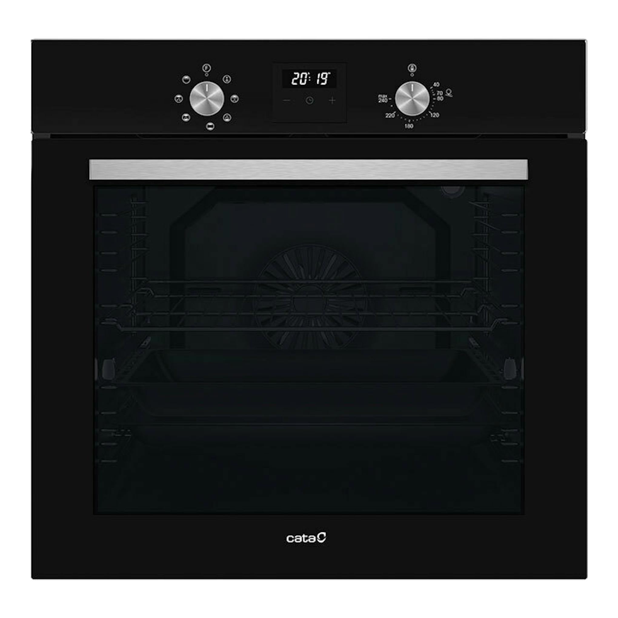Horno Cata MDS8007BK de cristal negro, vista frontal, con panel digital y mandos giratorios.