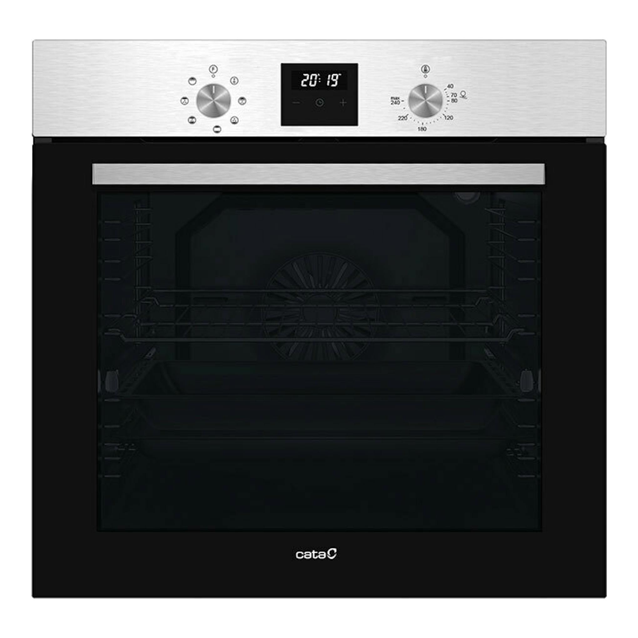 Horno Cata MDS8007X inox, vista frontal, panel superior de acero inoxidable y puerta negra de vidrio.