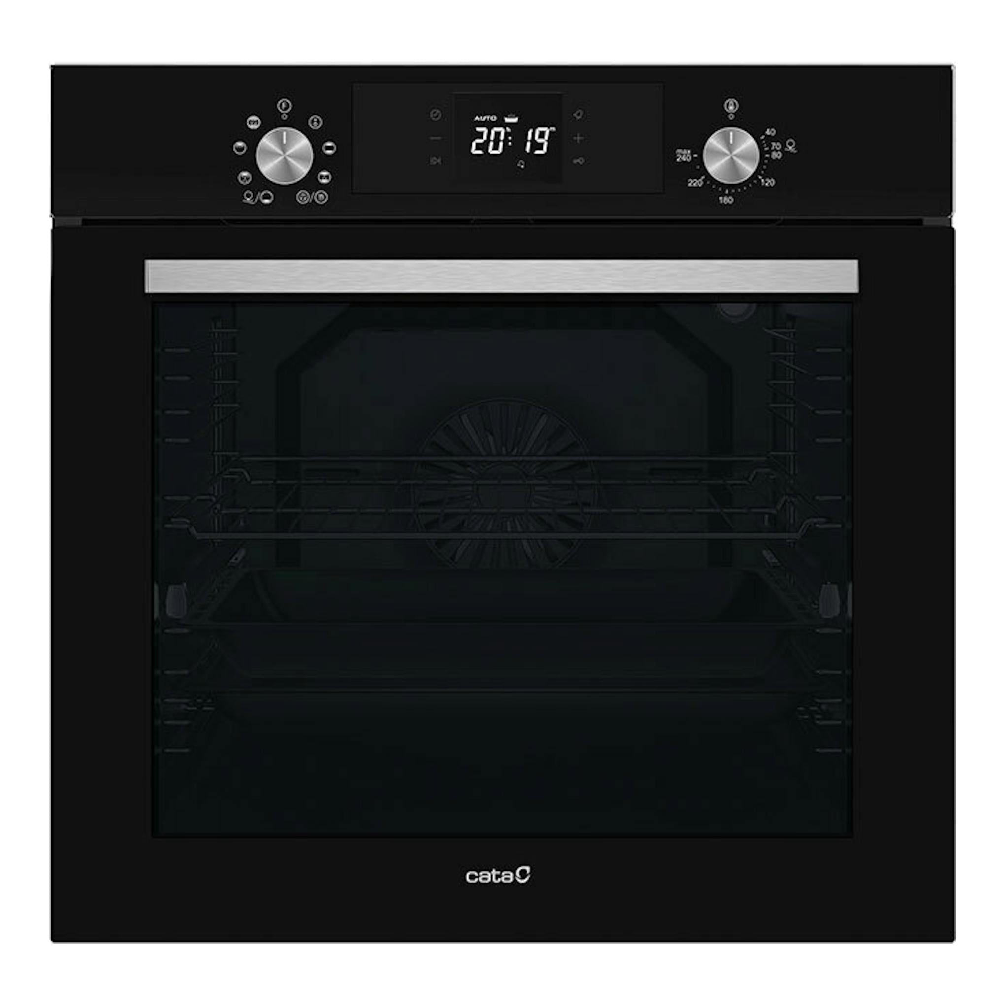 Horno empotrable Cata MDS8008BK negro, vista frontal, con panel digital y puerta de vidrio.