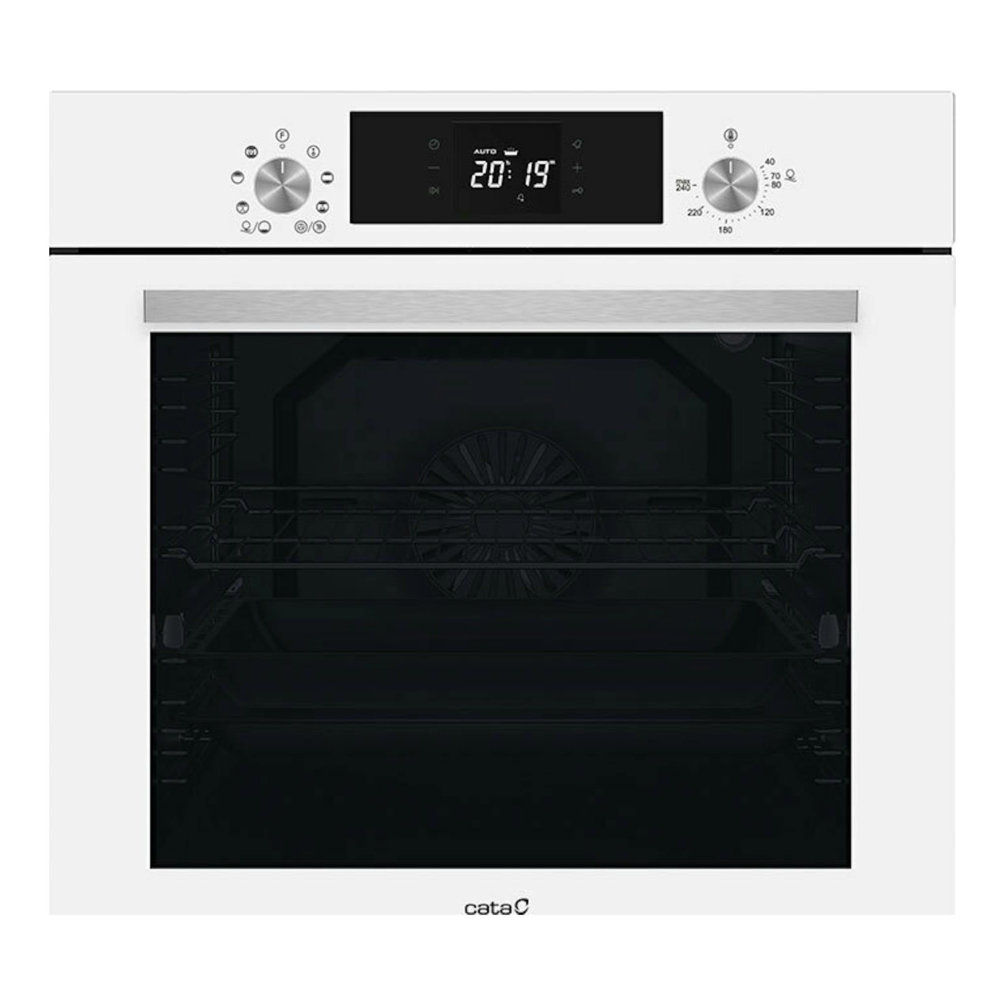 Horno Cata MDS8008WH de cristal blanco, vista frontal, con puerta negra y panel digital.
