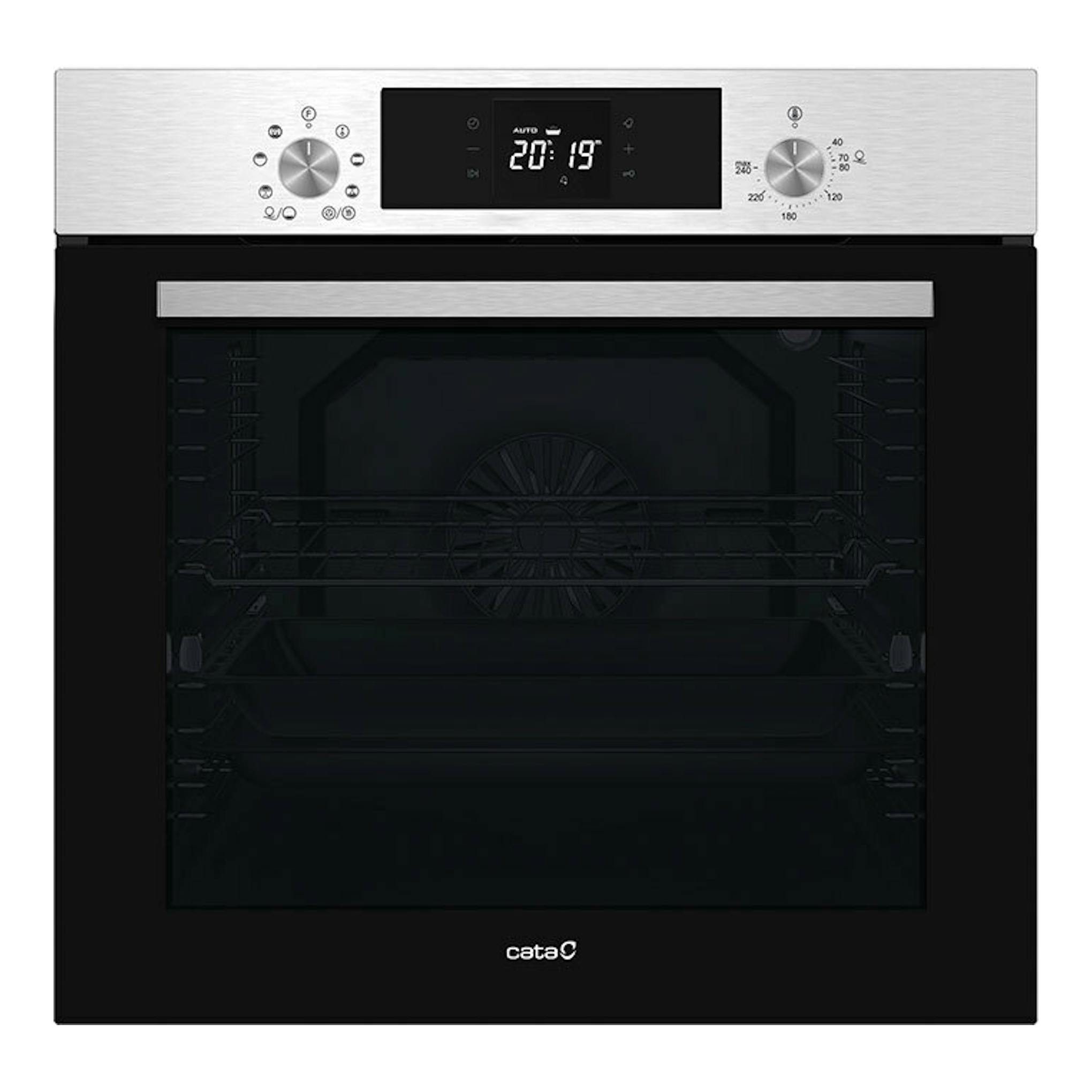 Horno Cata MDS8008X inox, vista frontal, puerta negra y panel superior en acero inoxidable.