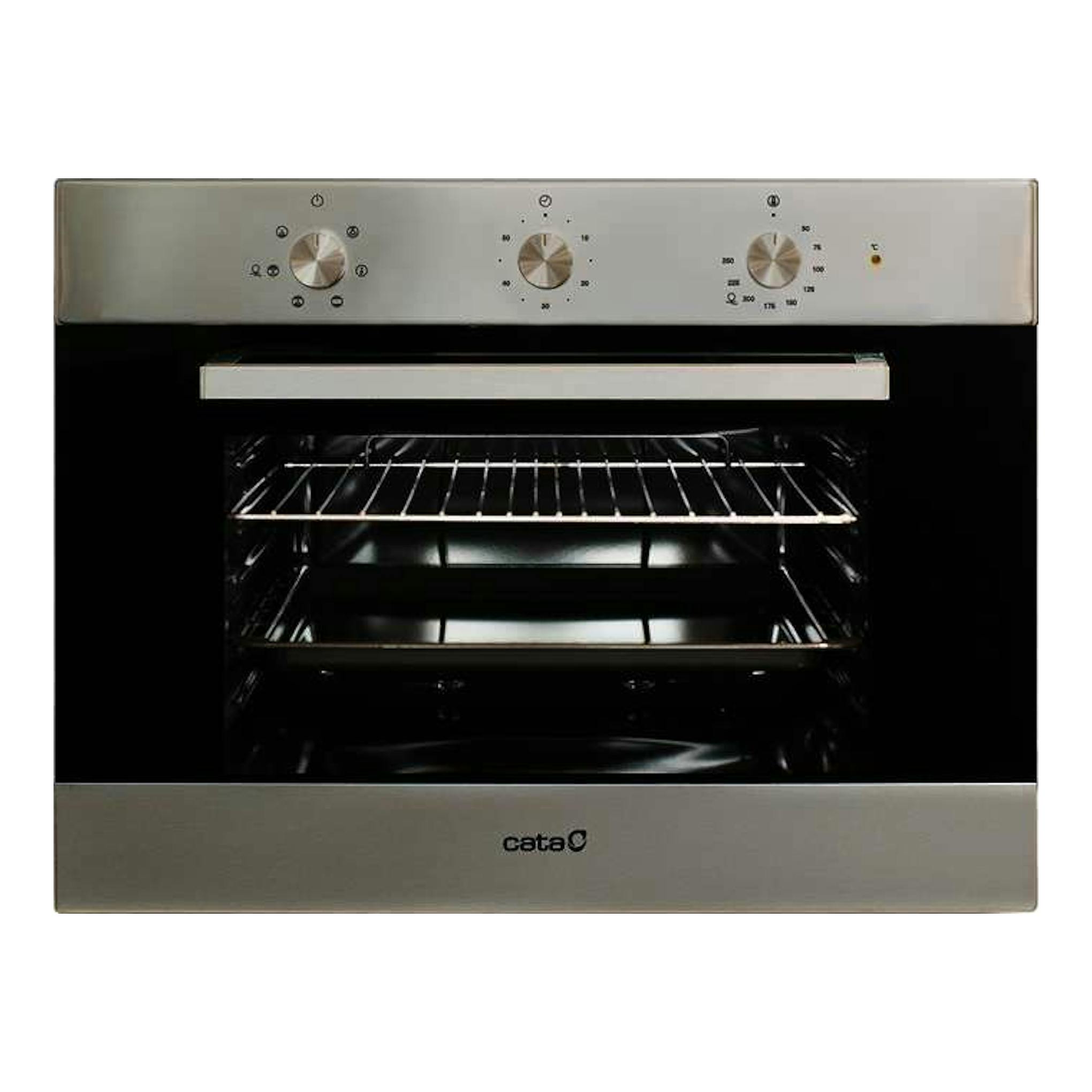 Horno Cata ME4006 X inox, vista frontal, acabado acero inoxidable y puerta de vidrio negro con tres mandos.