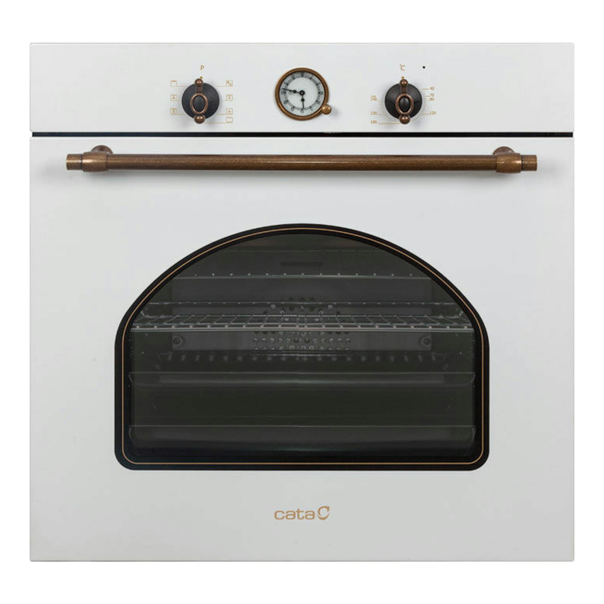 Horno Cata MRA 7108 WH blanco, vista frontal, con puerta arqueada, manija y mandos en color bronce.