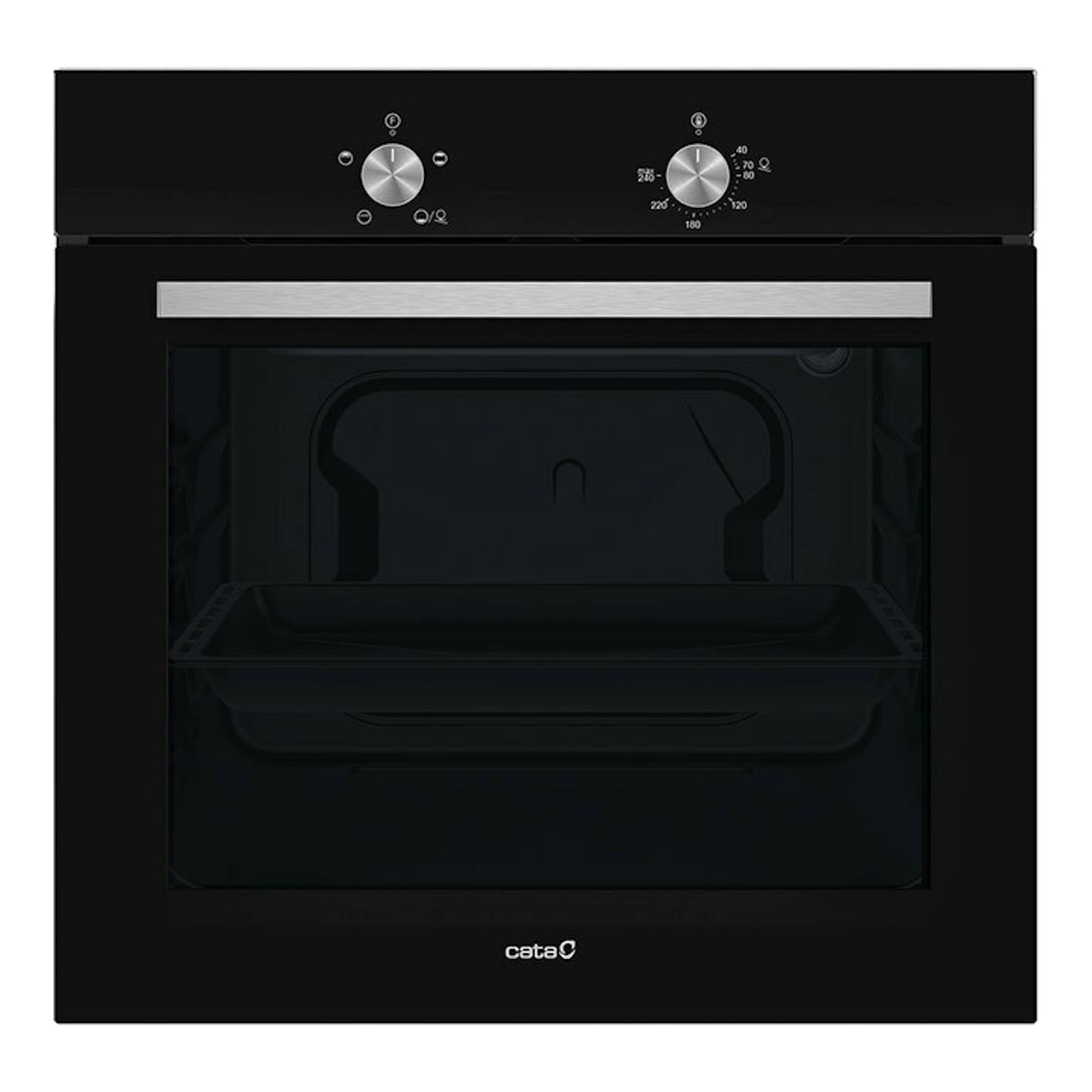 Horno Cata SES6004BK de cristal negro, vista frontal, con dos mandos y puerta de vidrio oscuro.