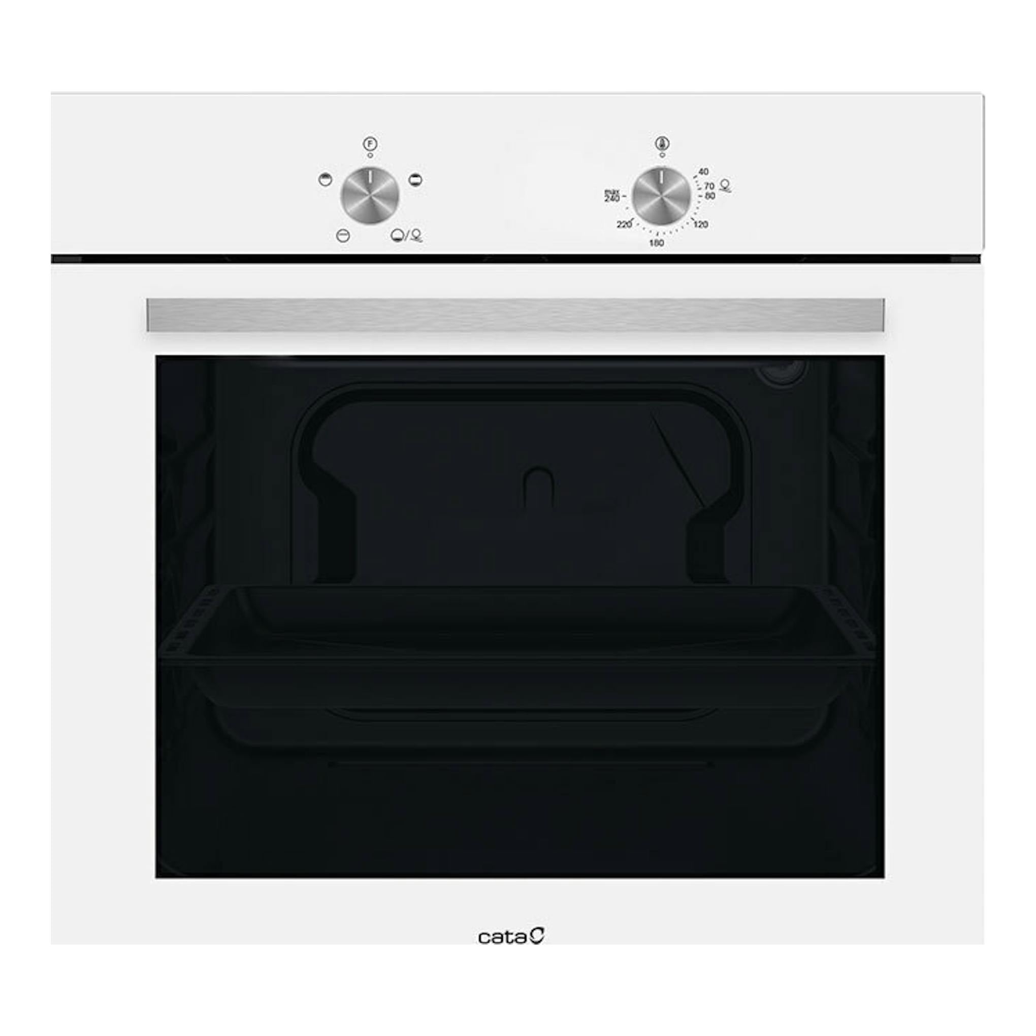 Horno Cata SES6204WH, vista frontal, blanco, con puerta de cristal negro y dos mandos superiores.