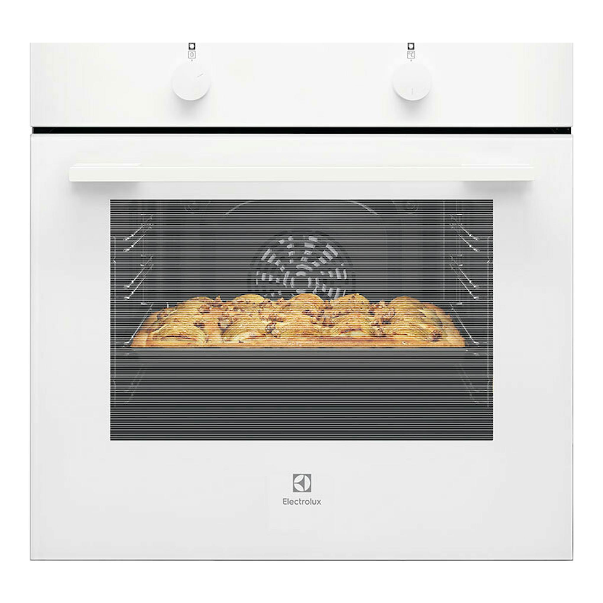 Vista frontal de horno Electrolux CKB101W blanco, con dos mandos y puerta de vidrio.