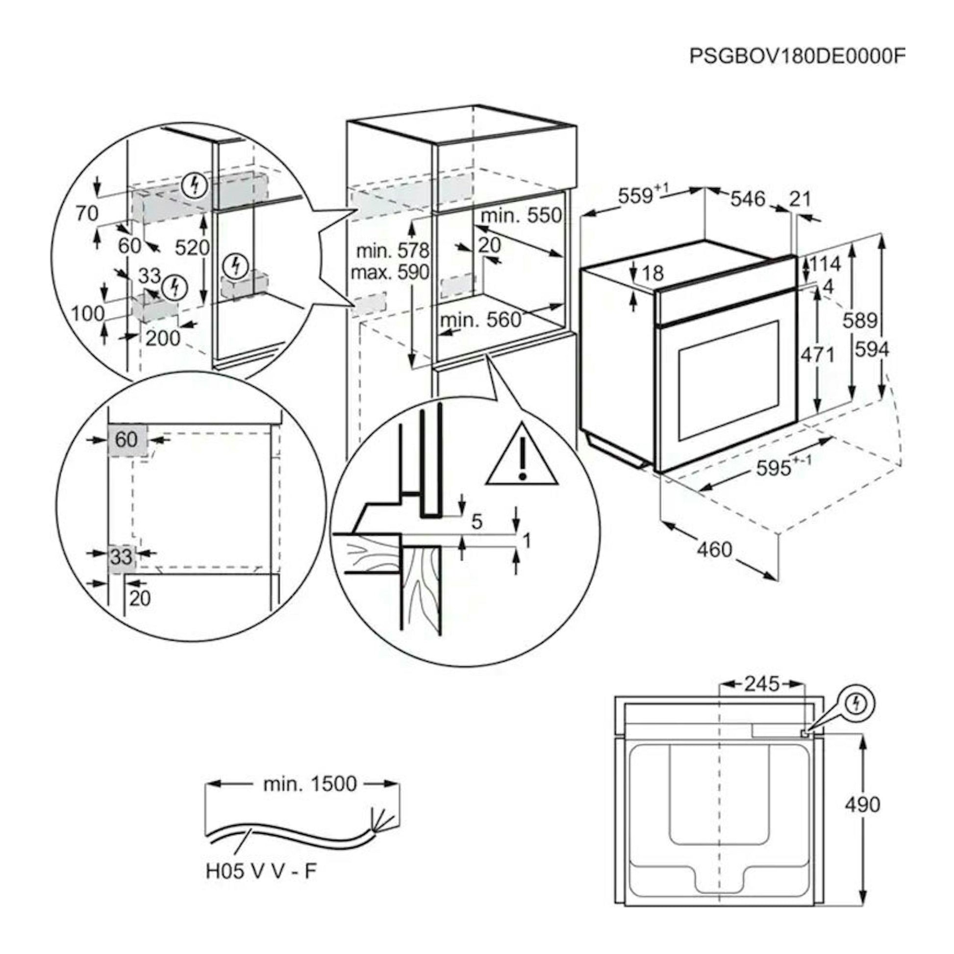 Diagrama acotado del horno Electrolux EOB8S39X negro, con vistas frontal y lateral e instrucciones de hueco.