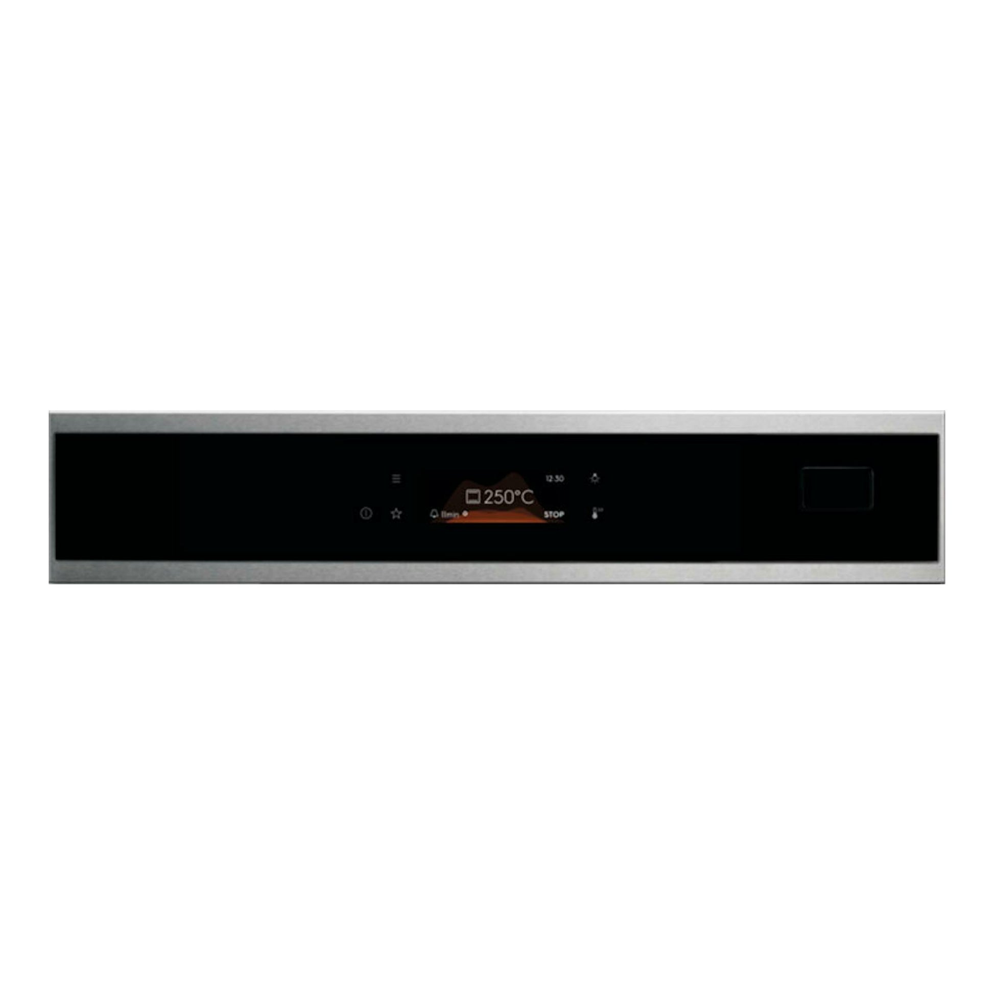 Horno Electrolux EOB8S39X negro, vista frontal del panel táctil con pantalla central y marco inoxidable.