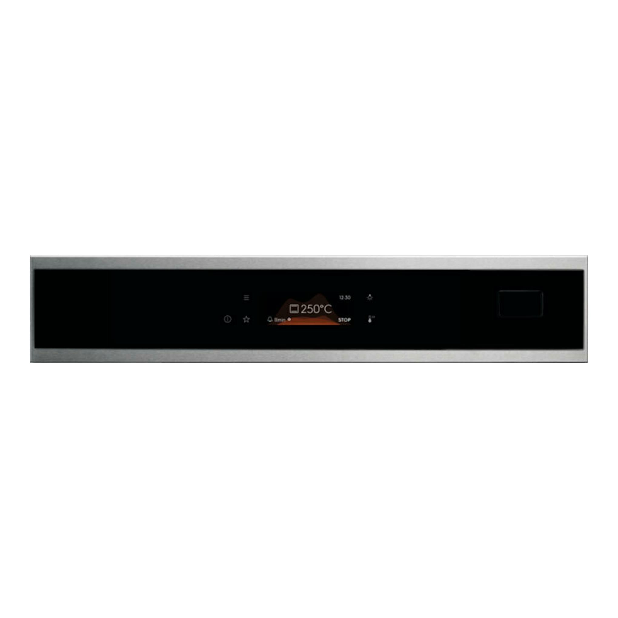 Horno Electrolux EOB8S39X negro, vista frontal del panel táctil con pantalla central y marco inoxidable.