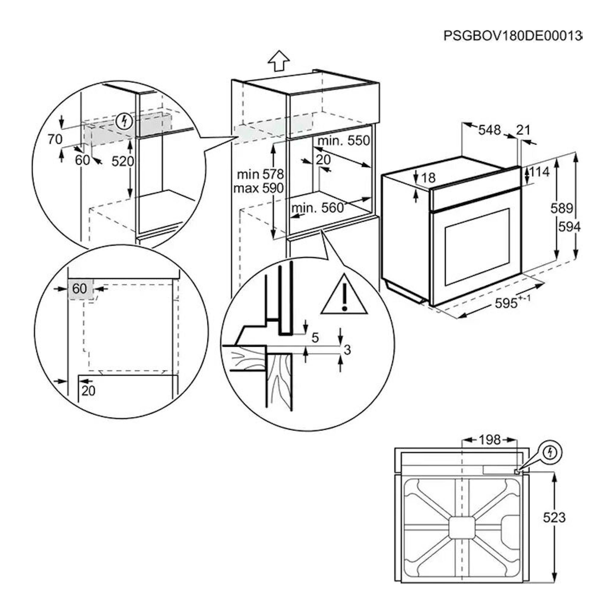 Diagrama técnico de instalación de horno Electrolux EOC6P77X inox con medidas en vista frontal y superior.