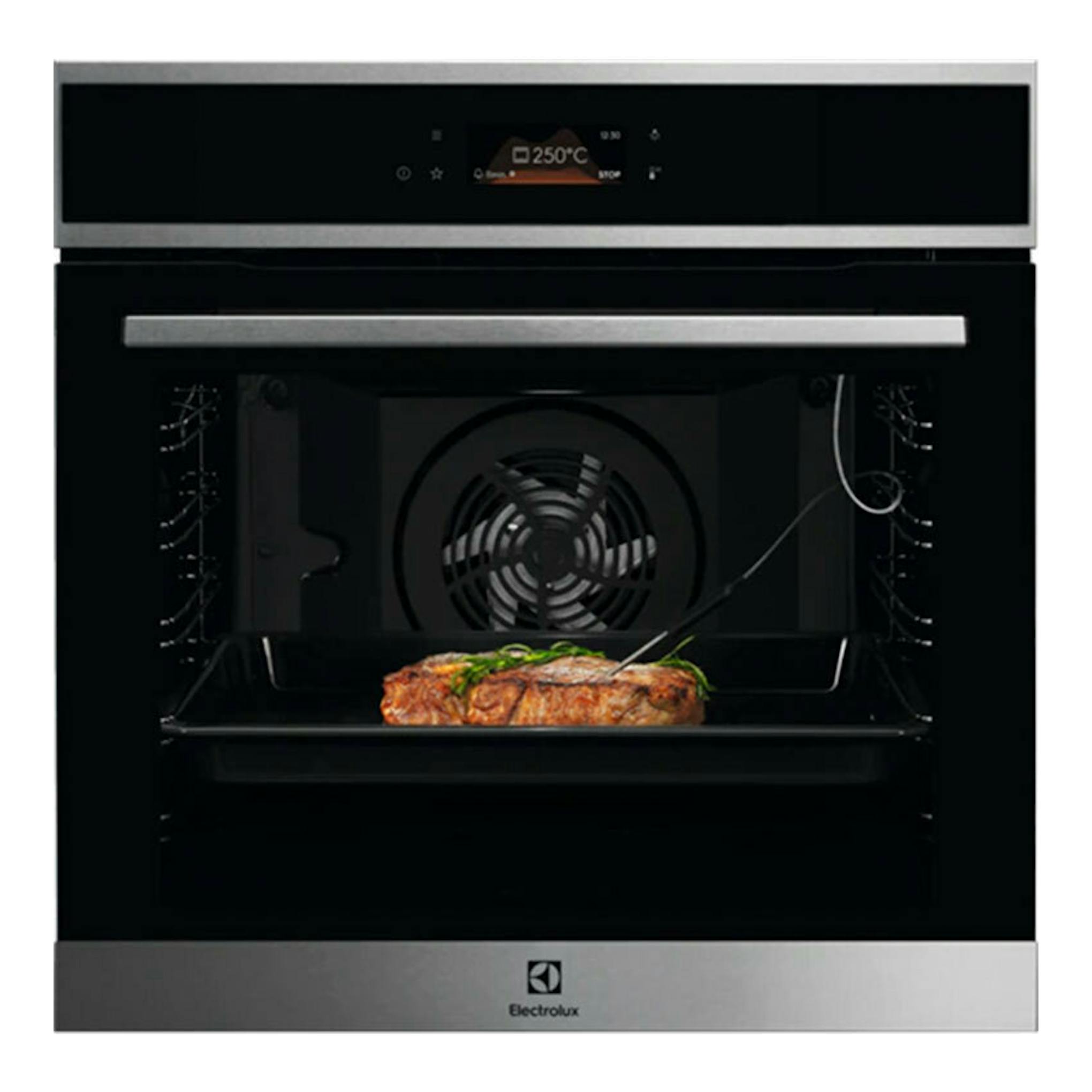 Horno Electrolux EOE8P39X negro, vista frontal, con panel digital y puerta abierta, interior con carne.