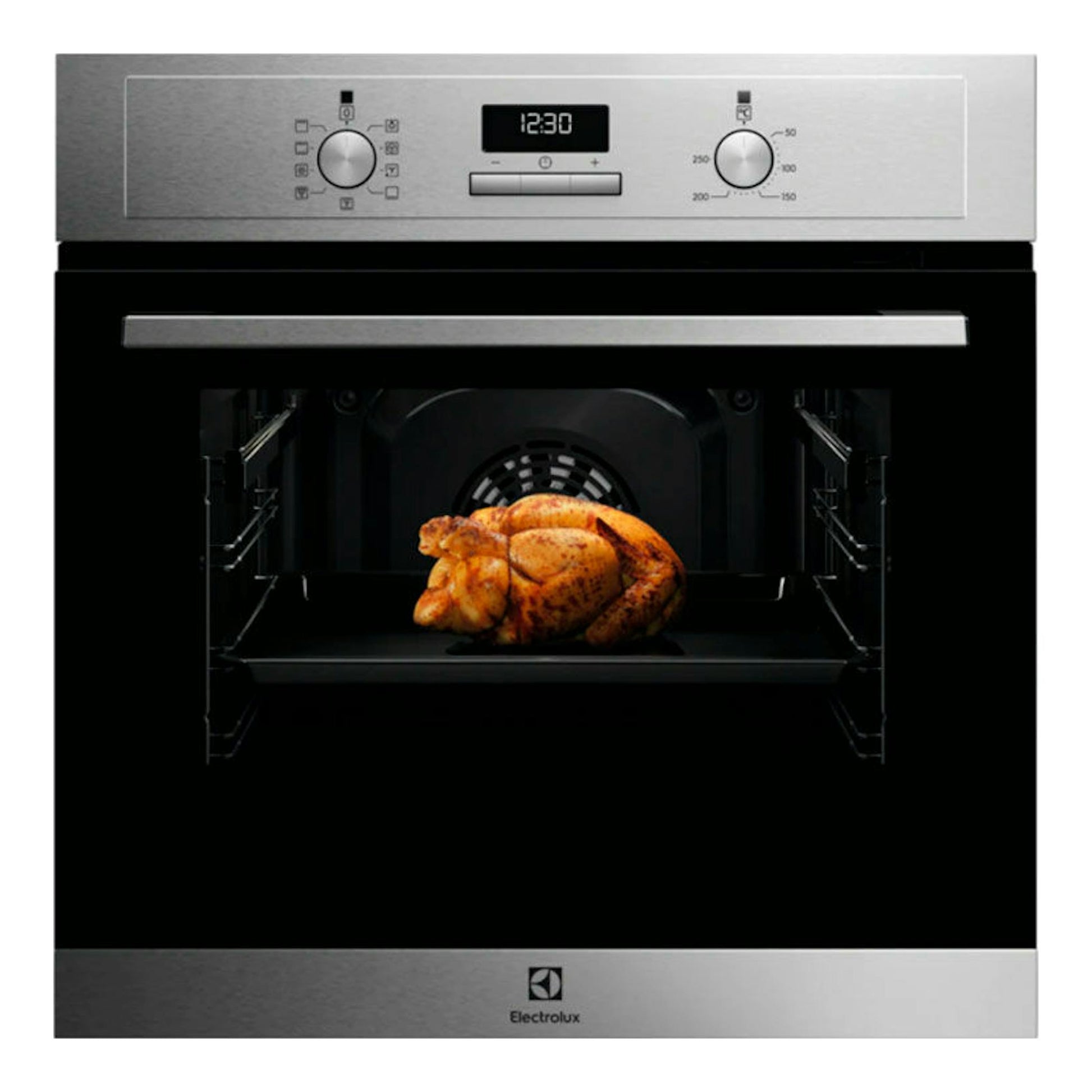 Horno Electrolux EOF3H50BX inox, vista frontal, con panel digital y pollo asado en el interior.