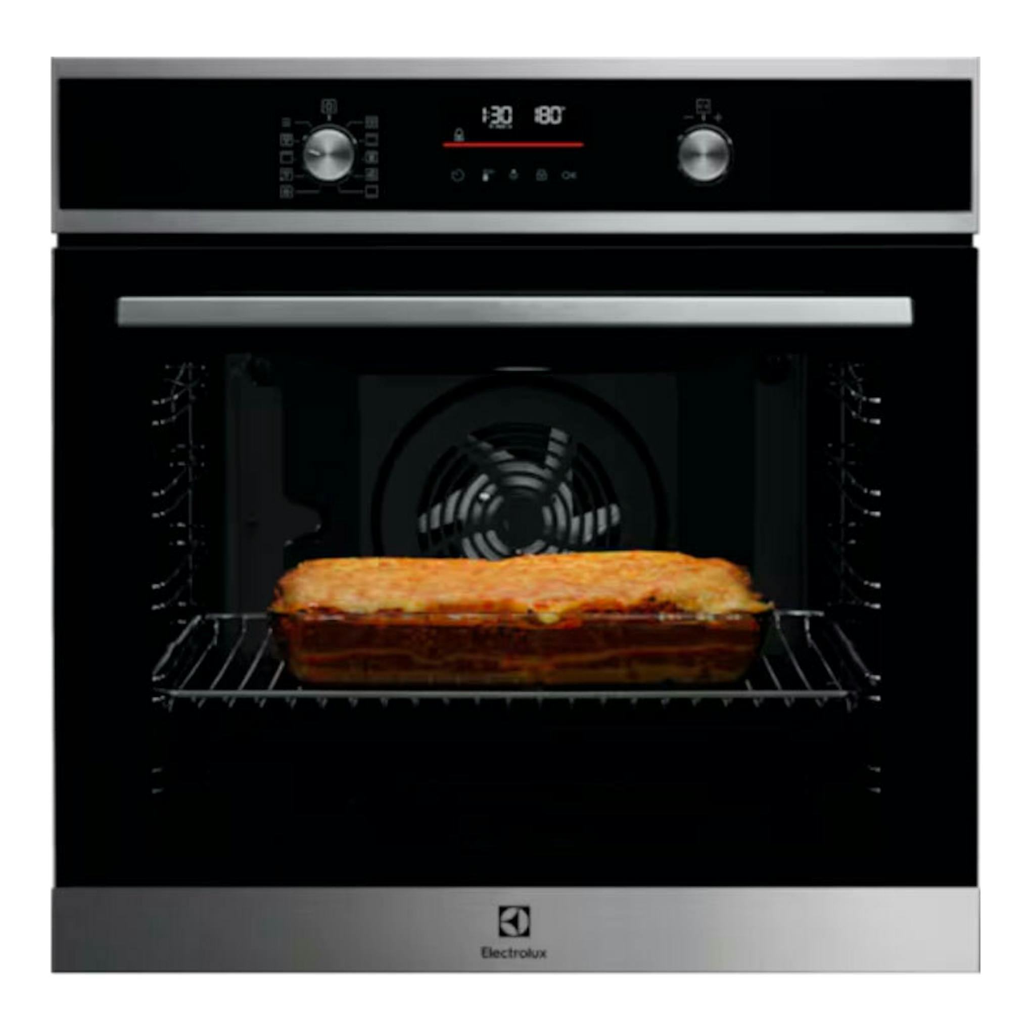 Horno Electrolux EOF6P46VX0 inox, vista frontal, puerta negra con panel de control digital y bandeja con comida.