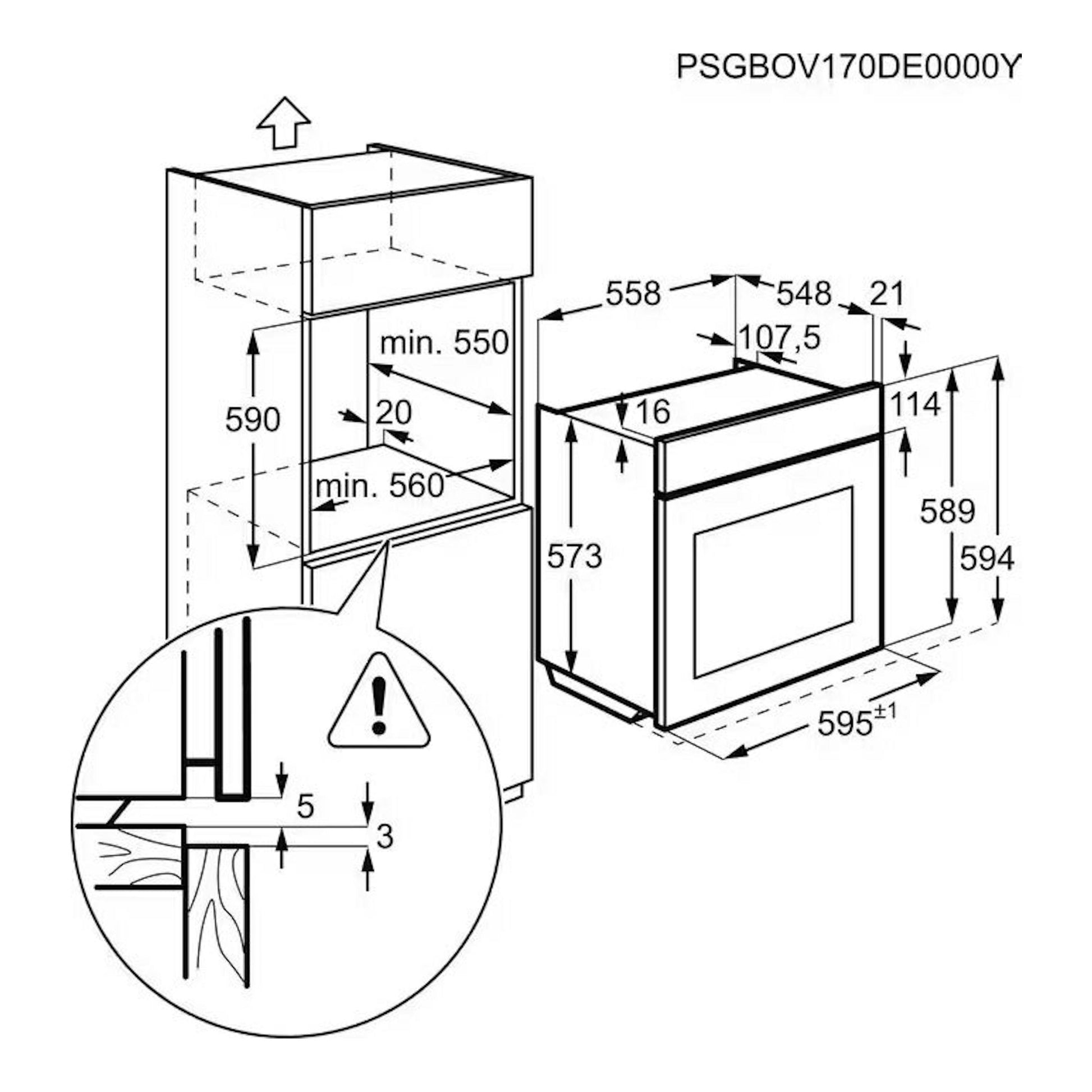 Diagrama técnico de instalación de horno Electrolux EOF6P46VX0 inox, vista en perspectiva con medidas.