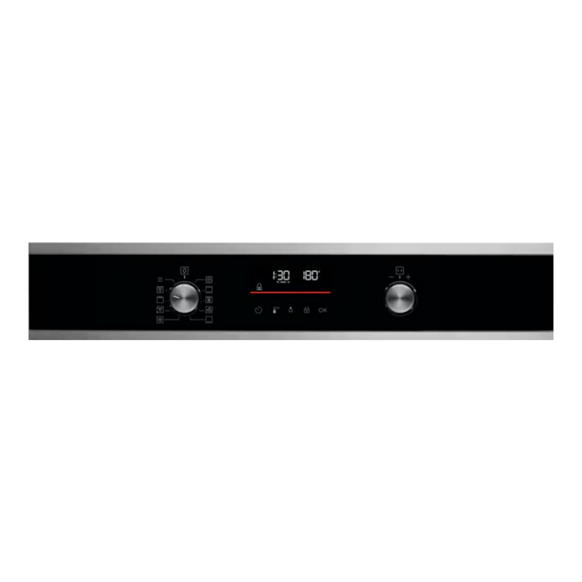 Horno Electrolux EOF6P46VX0 inox, vista frontal de panel negro con dos mandos plateados y pantalla digital.