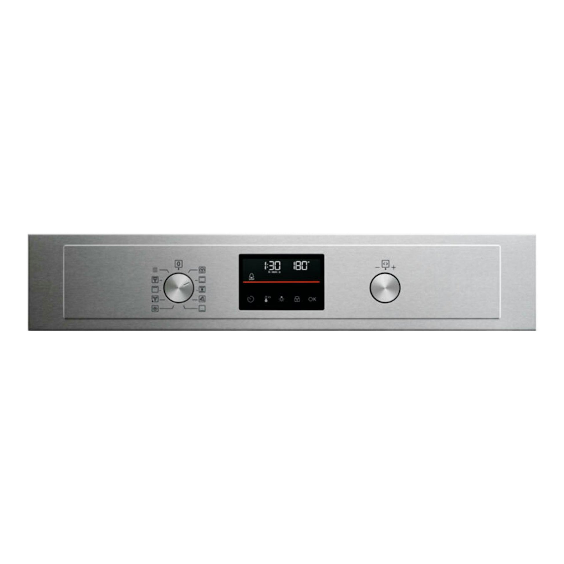 Panel frontal de horno Electrolux EOF6P54TX inox, con pantalla digital y dos mandos plateados.