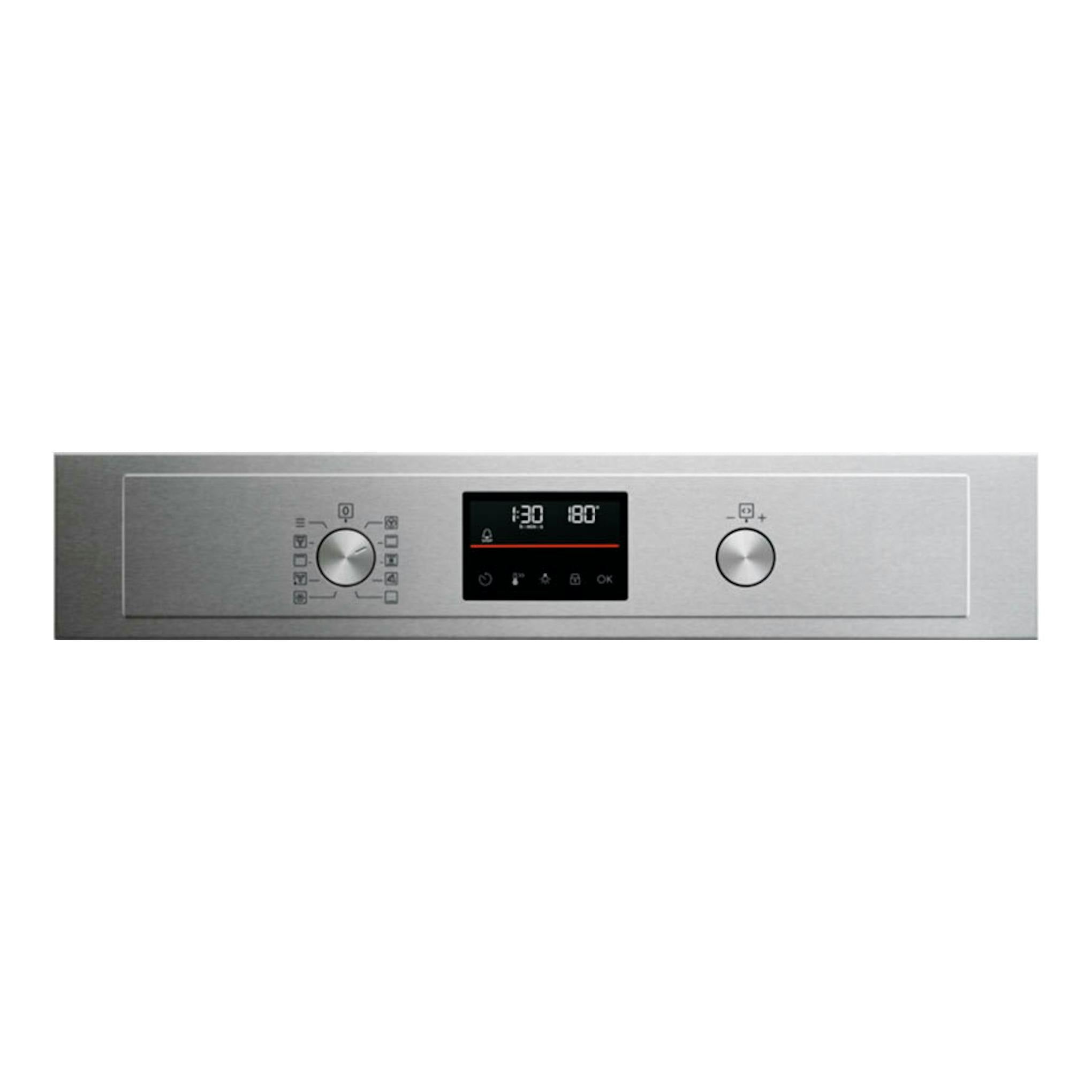 Panel frontal de horno Electrolux EOF6P54TX inox, con pantalla digital y dos mandos plateados.